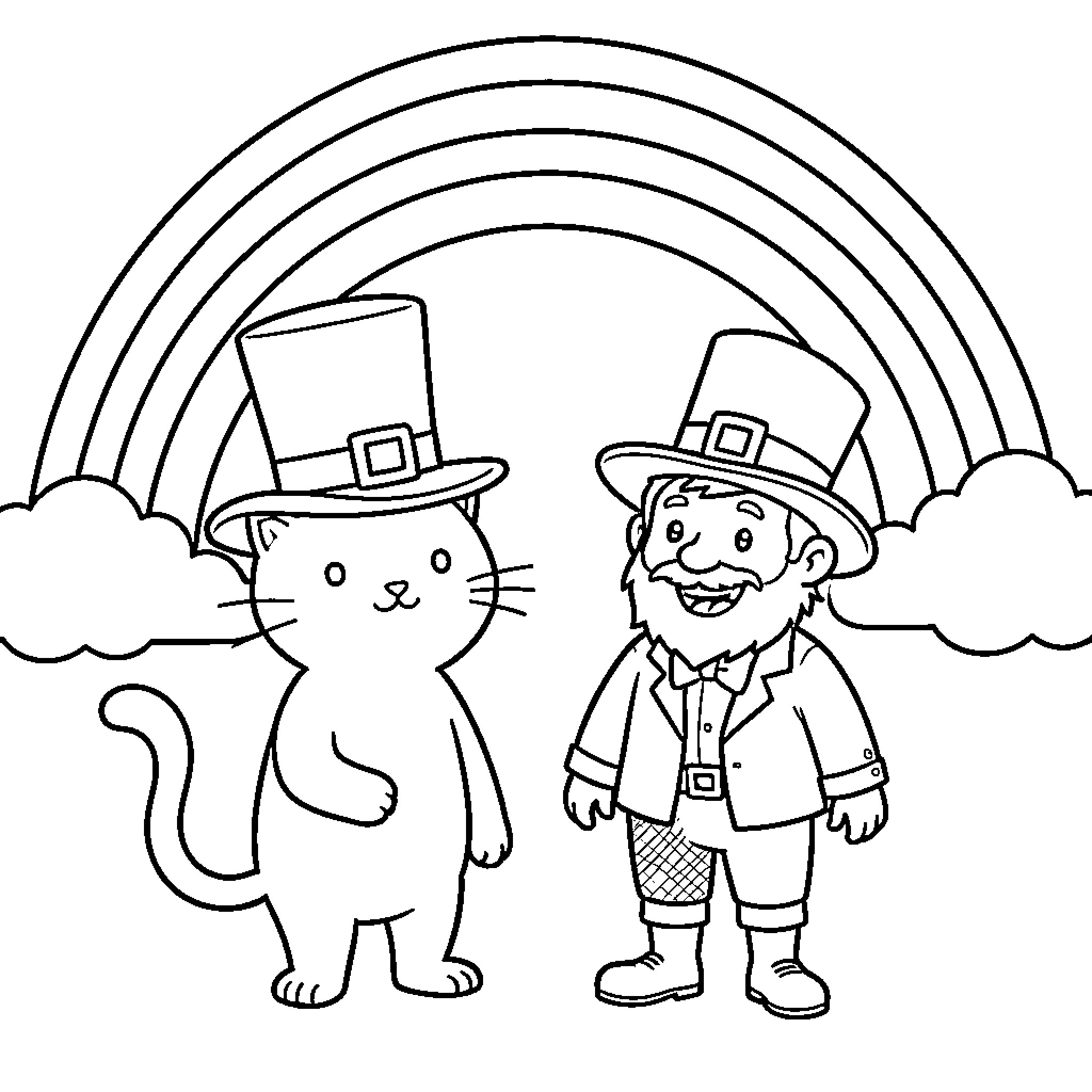 Cat and leprechaun under a rainbow Coloring Page (free black-and-white line drawing printable PDF for all, from beginners to advanced learners, including children, teens, adults, and seniors)