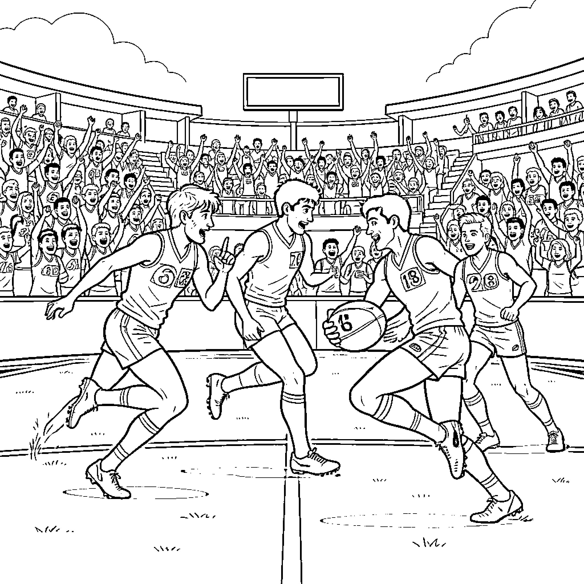 Football players competing in a match with crowd in the stands Coloring Page (free black-and-white line drawing printable PDF for all, from beginners to advanced learners, including children, teens, adults, and seniors)