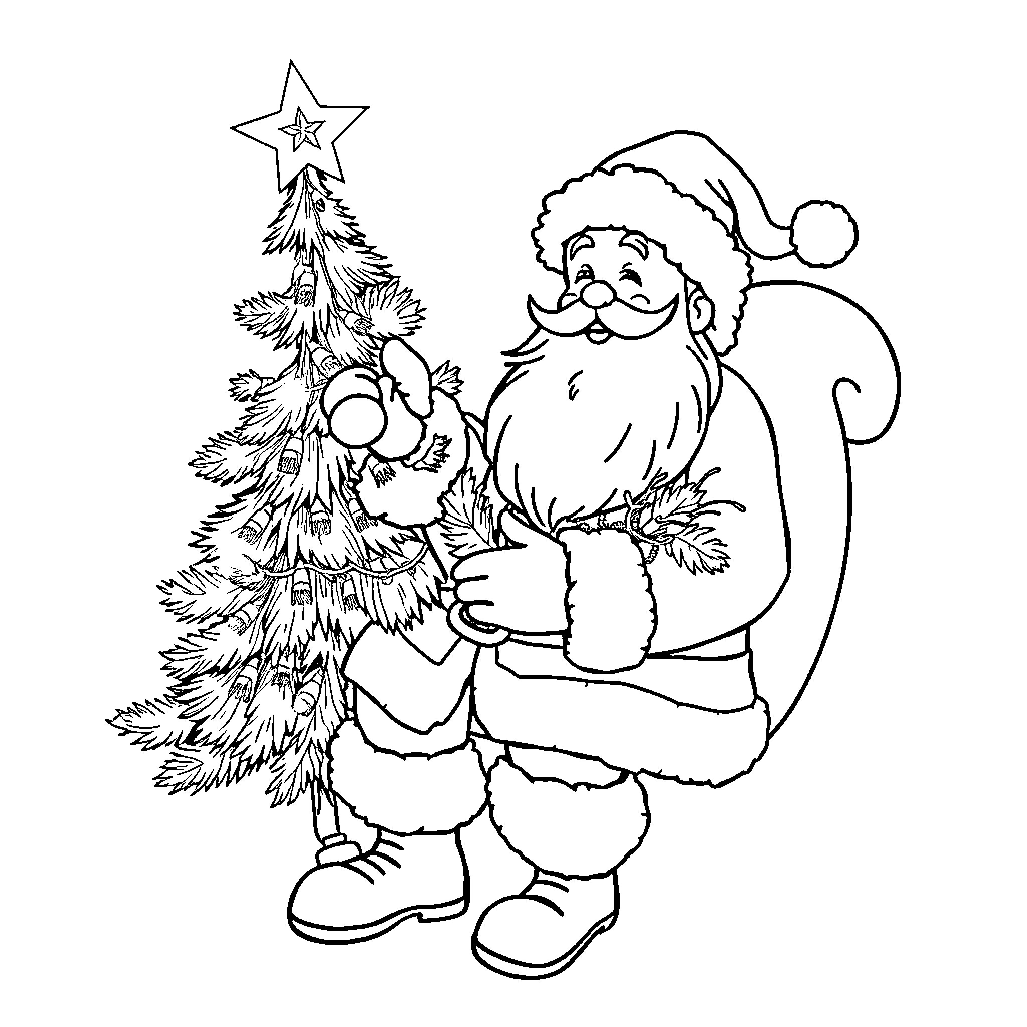 Santa Claus decorating a Christmas tree Coloring Page (free black-and-white line drawing printable PDF for all, from beginners to advanced learners, including children, teens, adults, and seniors)