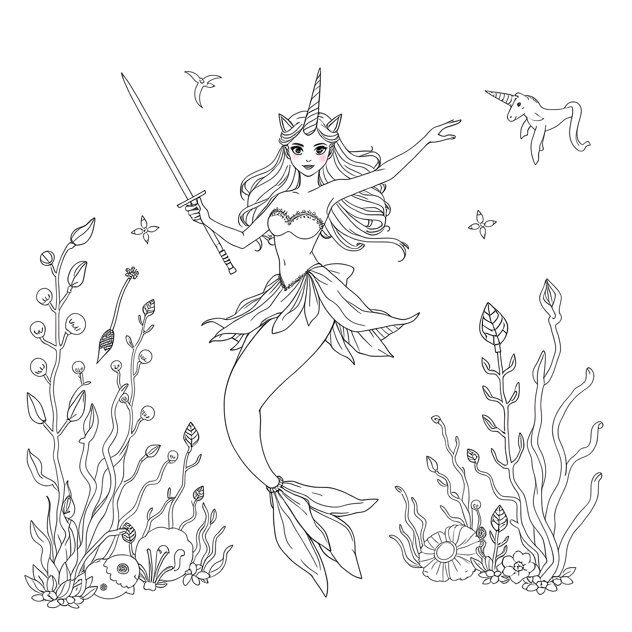 Mermaid Unicorn Warrior Swimming with Ocean Creatures Coloring Page (free black-and-white line drawing printable PDF for all, from beginners to advanced learners, including children, teens, adults, and seniors)
