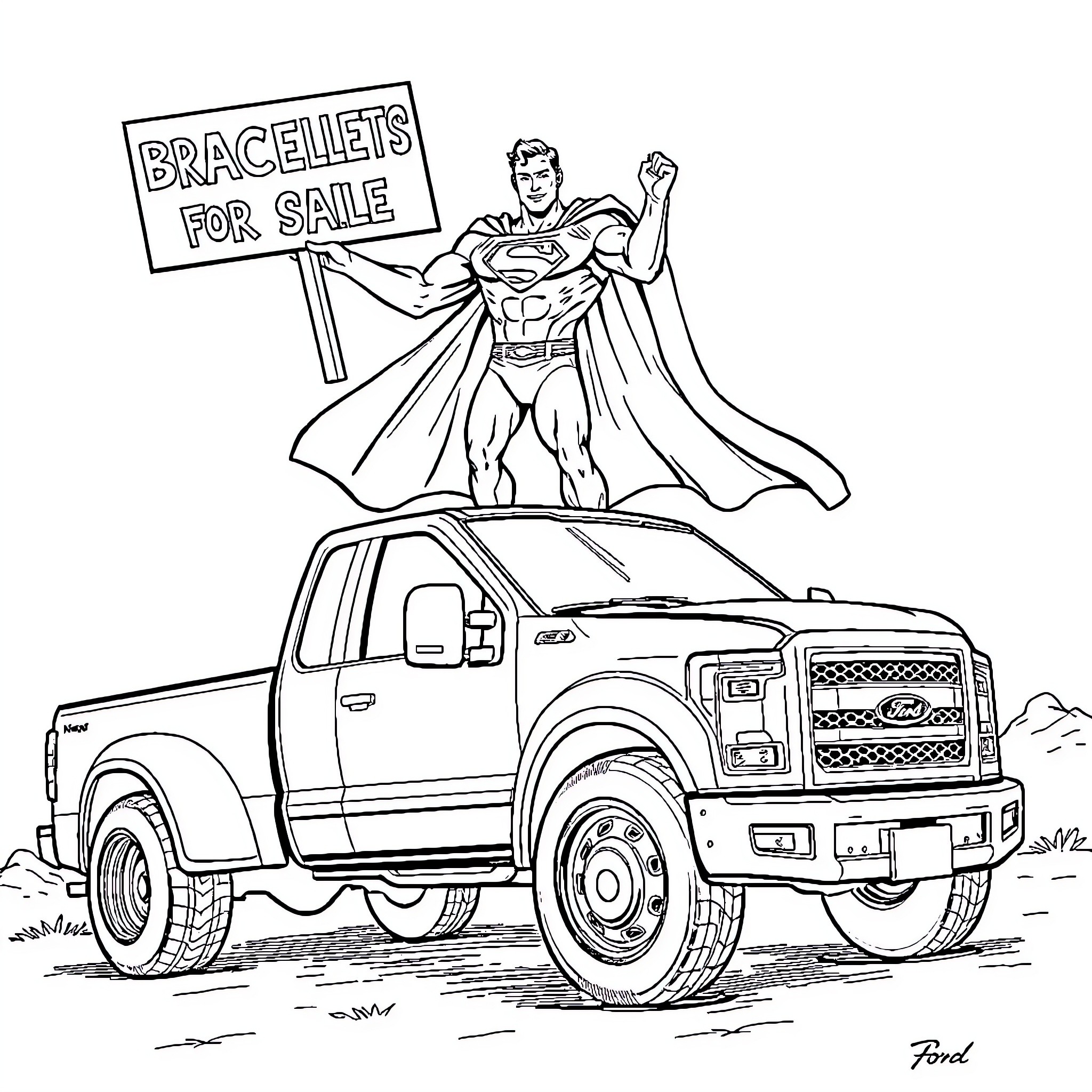 Superman Selling Bracelets from Truck Coloring Page (free black-and-white line drawing printable PDF for all, from beginners to advanced learners, including children, teens, adults, and seniors)