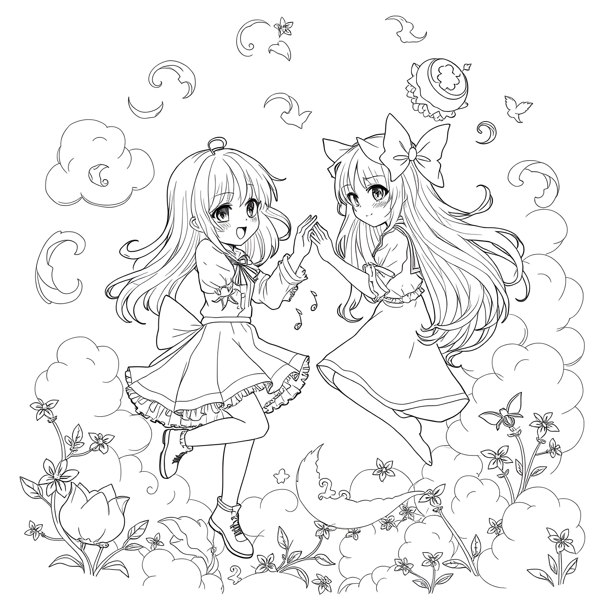 Anime Girls in Whimsical Floral Scene Coloring Page (free black-and-white line drawing printable PDF for all, from beginners to advanced learners, including children, teens, adults, and seniors)