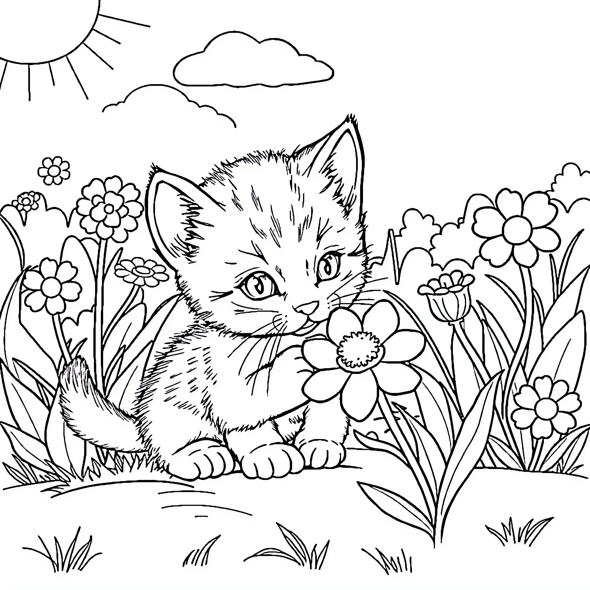Kitten exploring a floral garden Coloring Page (free black-and-white line drawing printable PDF for all, from beginners to advanced learners, including children, teens, adults, and seniors)