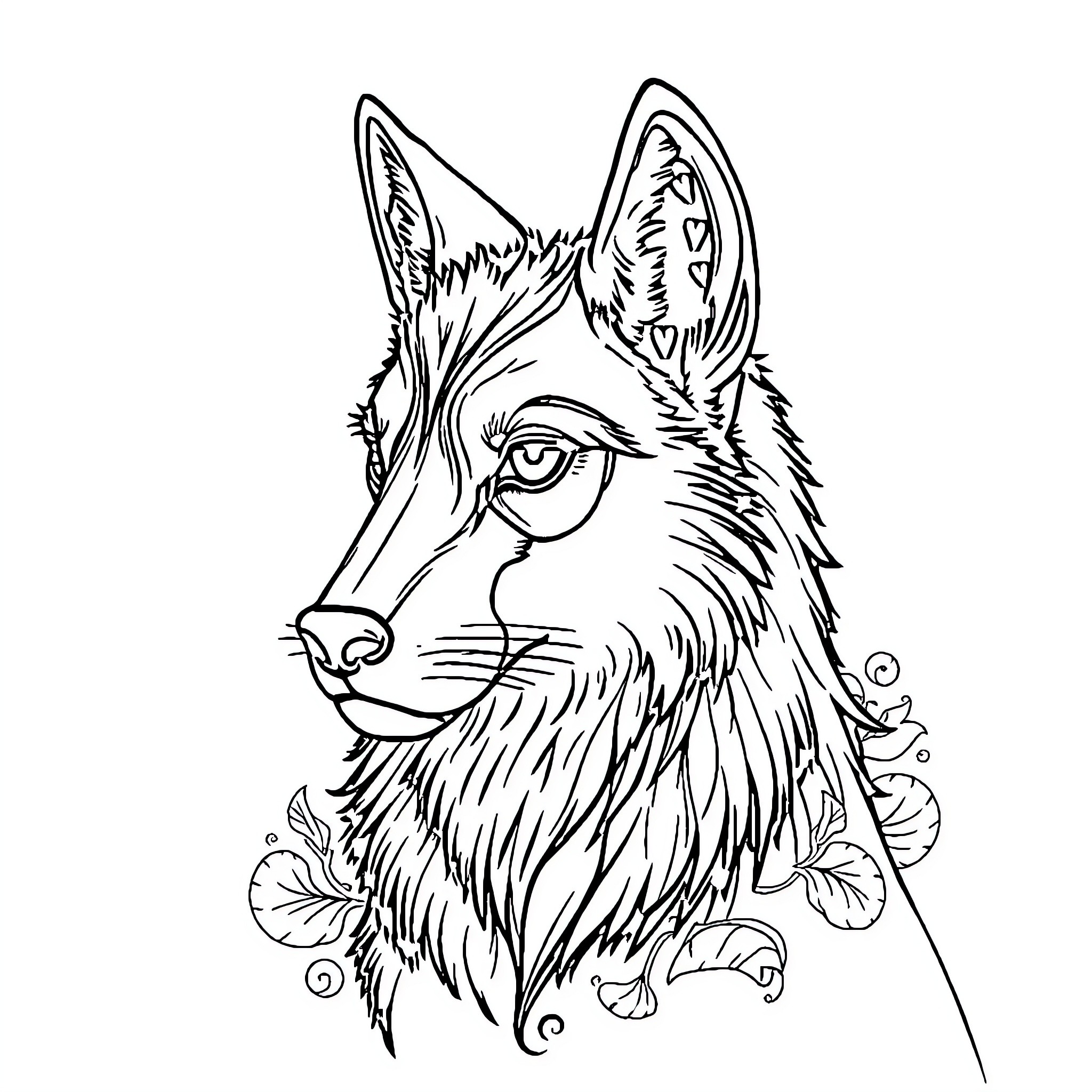 Wolf with Intricate Fur Patterns Coloring Page (free black-and-white line drawing printable PDF for all, from beginners to advanced learners, including children, teens, adults, and seniors)