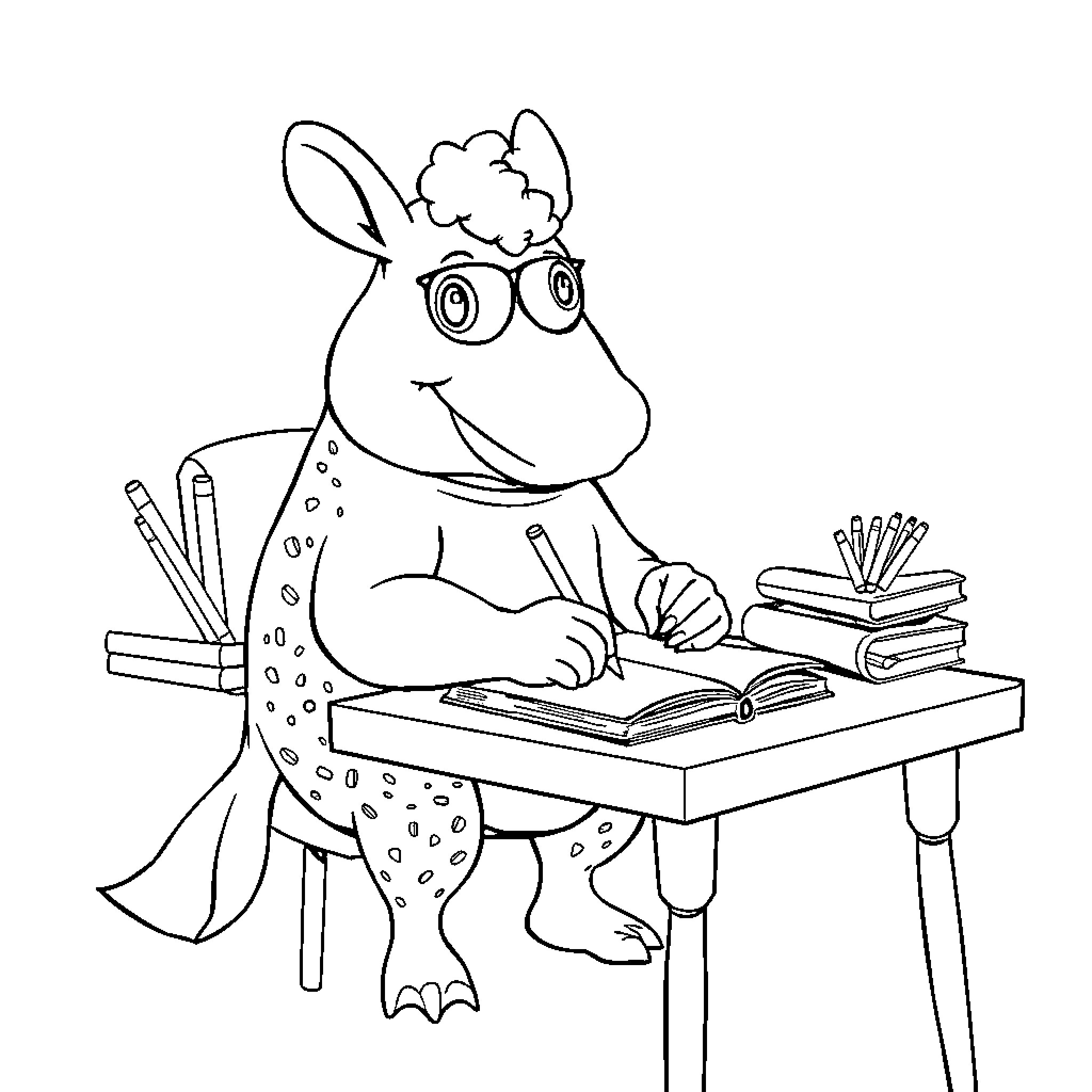 Vache studying diligently at the desk Coloring Page (free black-and-white line drawing printable PDF for all, from beginners to advanced learners, including children, teens, adults, and seniors)