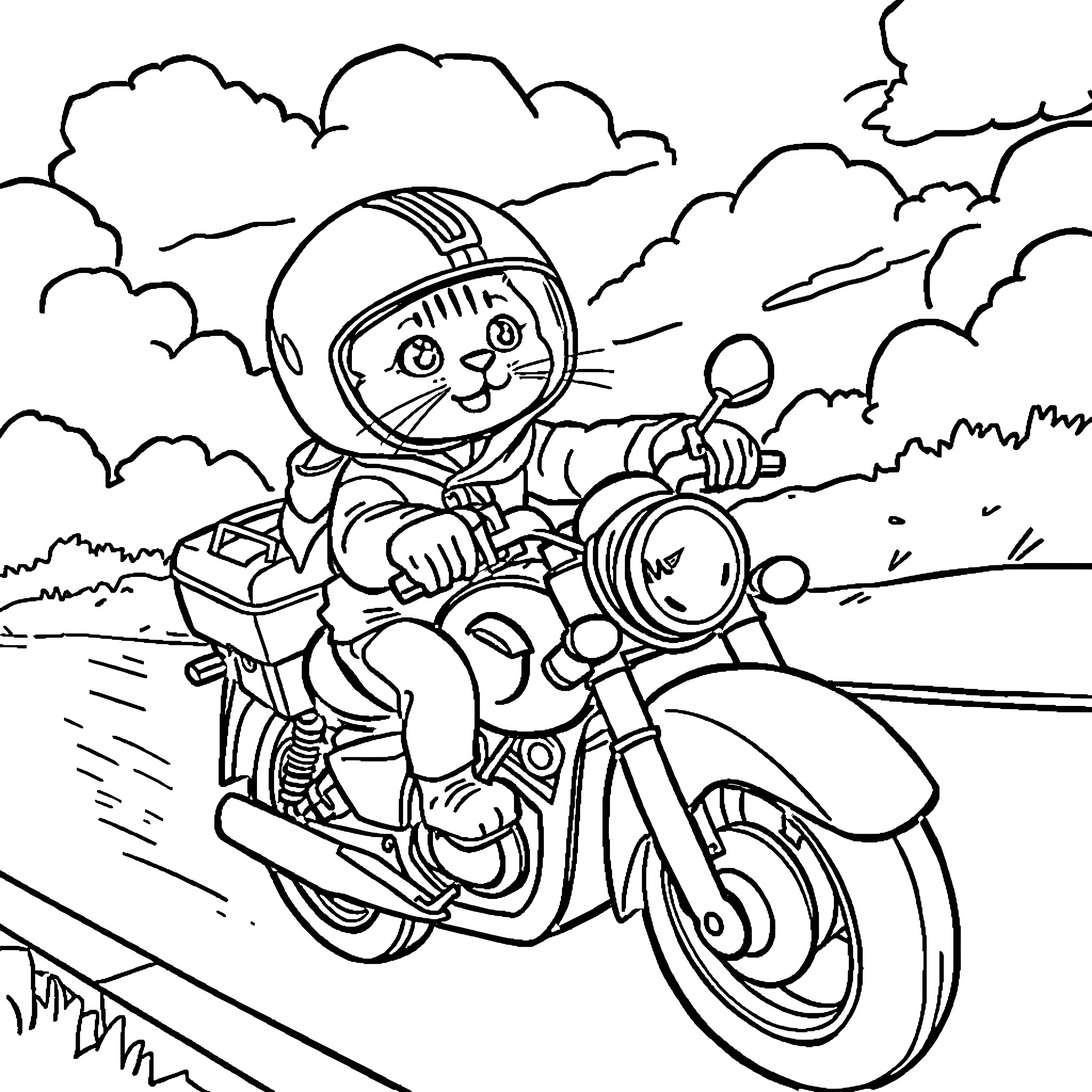 Chat with a Joyful Biker on the Open Road Coloring Page (free black-and-white line drawing printable PDF for all, from beginners to advanced learners, including children, teens, adults, and seniors)
