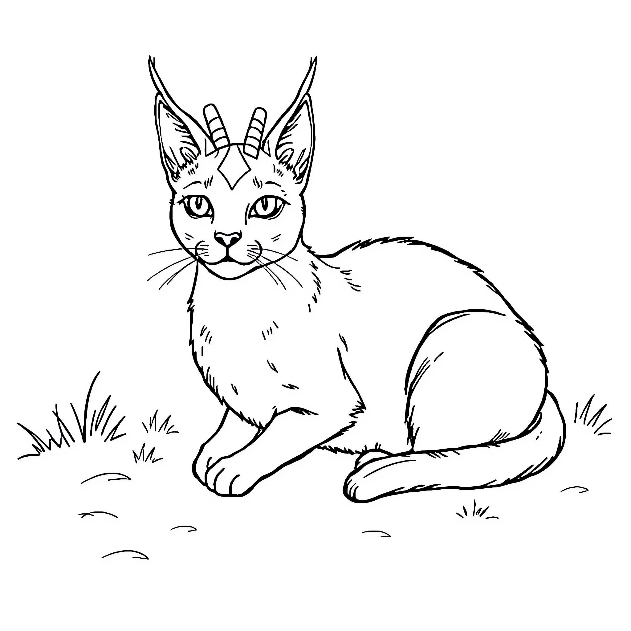 Chat with Horned Feline in the Meadow Coloring Page (free black-and-white line drawing printable PDF for all, from beginners to advanced learners, including children, teens, adults, and seniors)