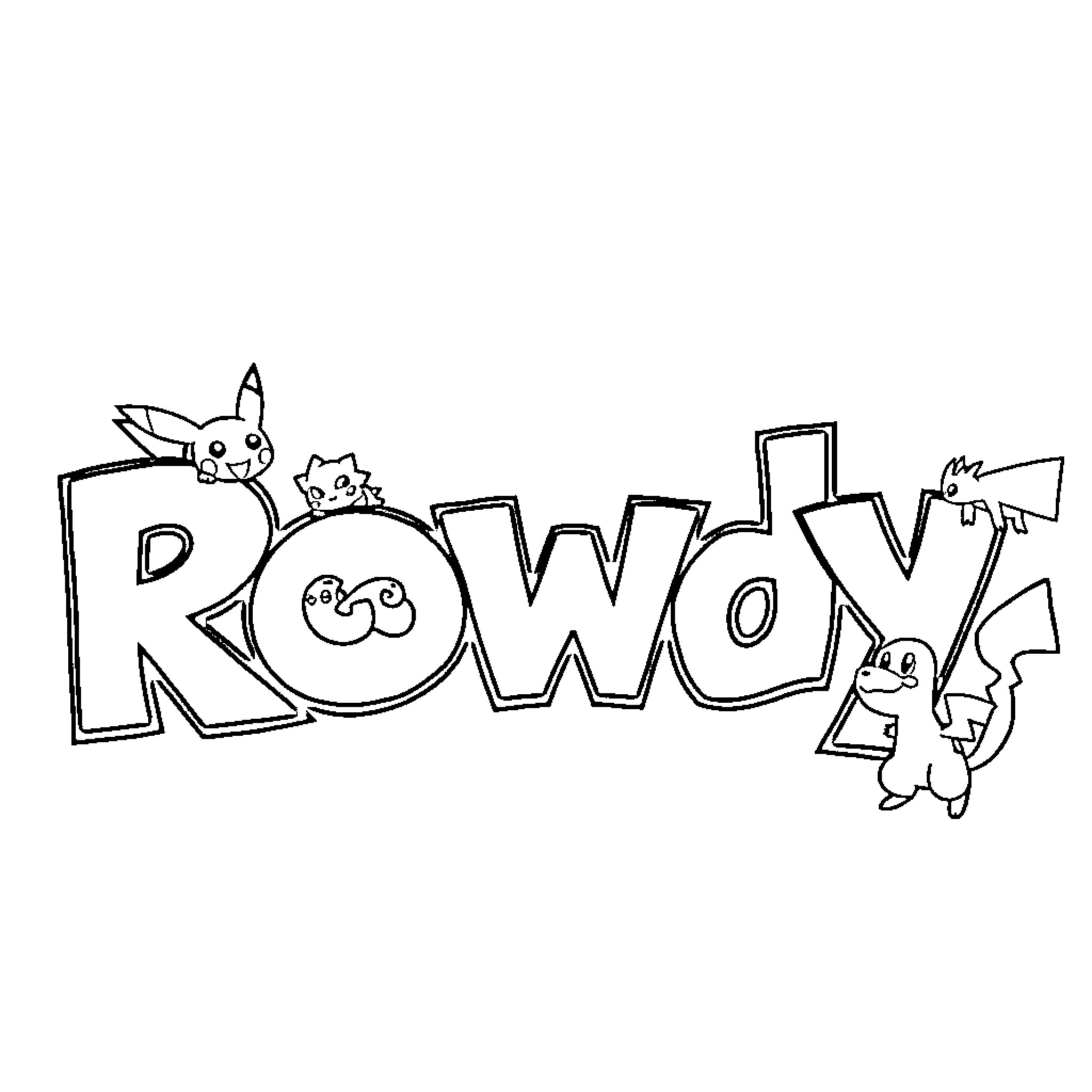 Rowdy characters frolicking in playful text Coloring Page (free black-and-white line drawing printable PDF for all, from beginners to advanced learners, including children, teens, adults, and seniors)