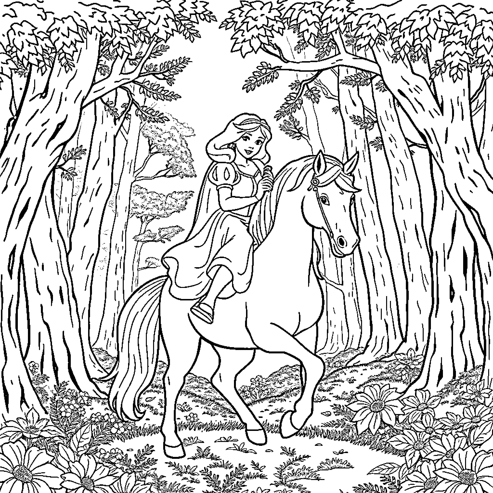Snow White riding a white horse through the forest Coloring Page (free black-and-white line drawing printable PDF for all, from beginners to advanced learners, including children, teens, adults, and seniors)