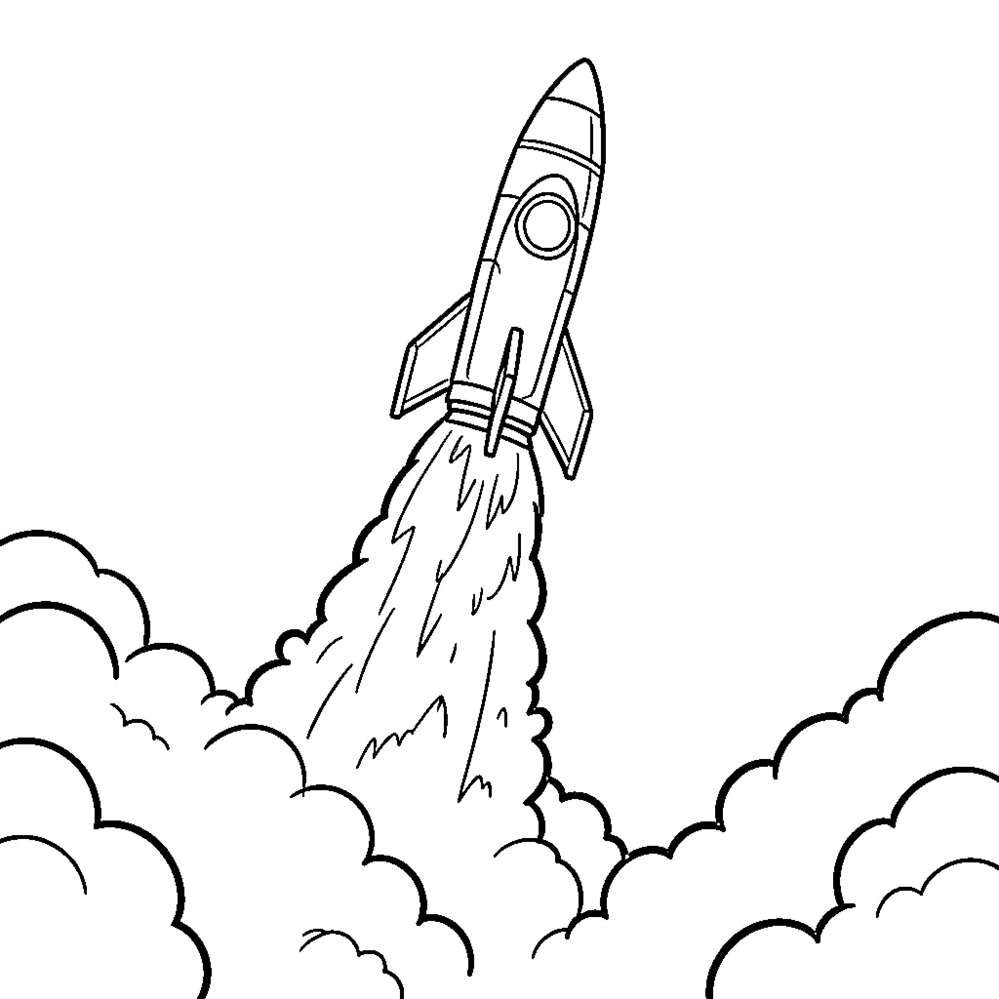 Space Shuttle launching into the sky with smoke Coloring Page (free black-and-white line drawing printable PDF for all, from beginners to advanced learners, including children, teens, adults, and seniors)