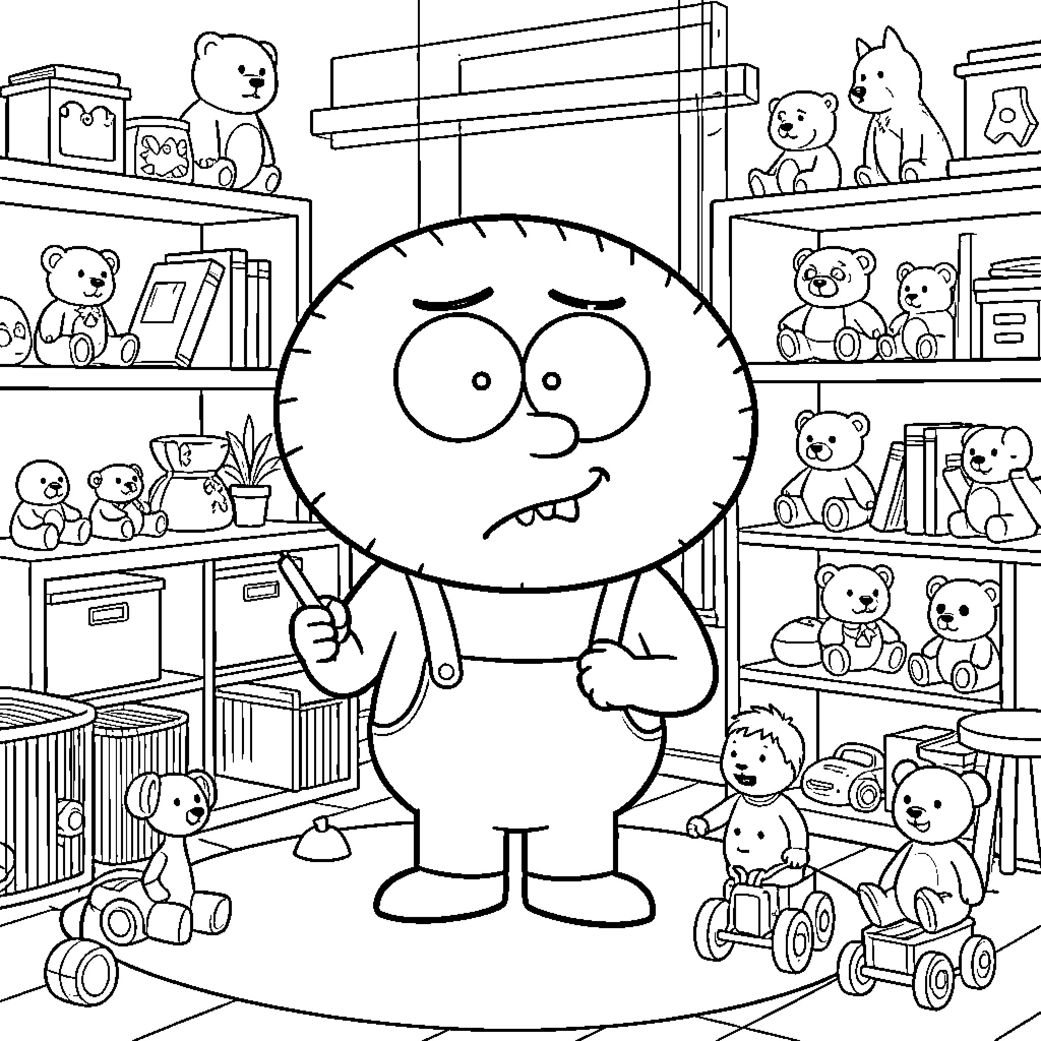 Stewie among playful toys in a colorful room Coloring Page (free black-and-white line drawing printable PDF for all, from beginners to advanced learners, including children, teens, adults, and seniors)