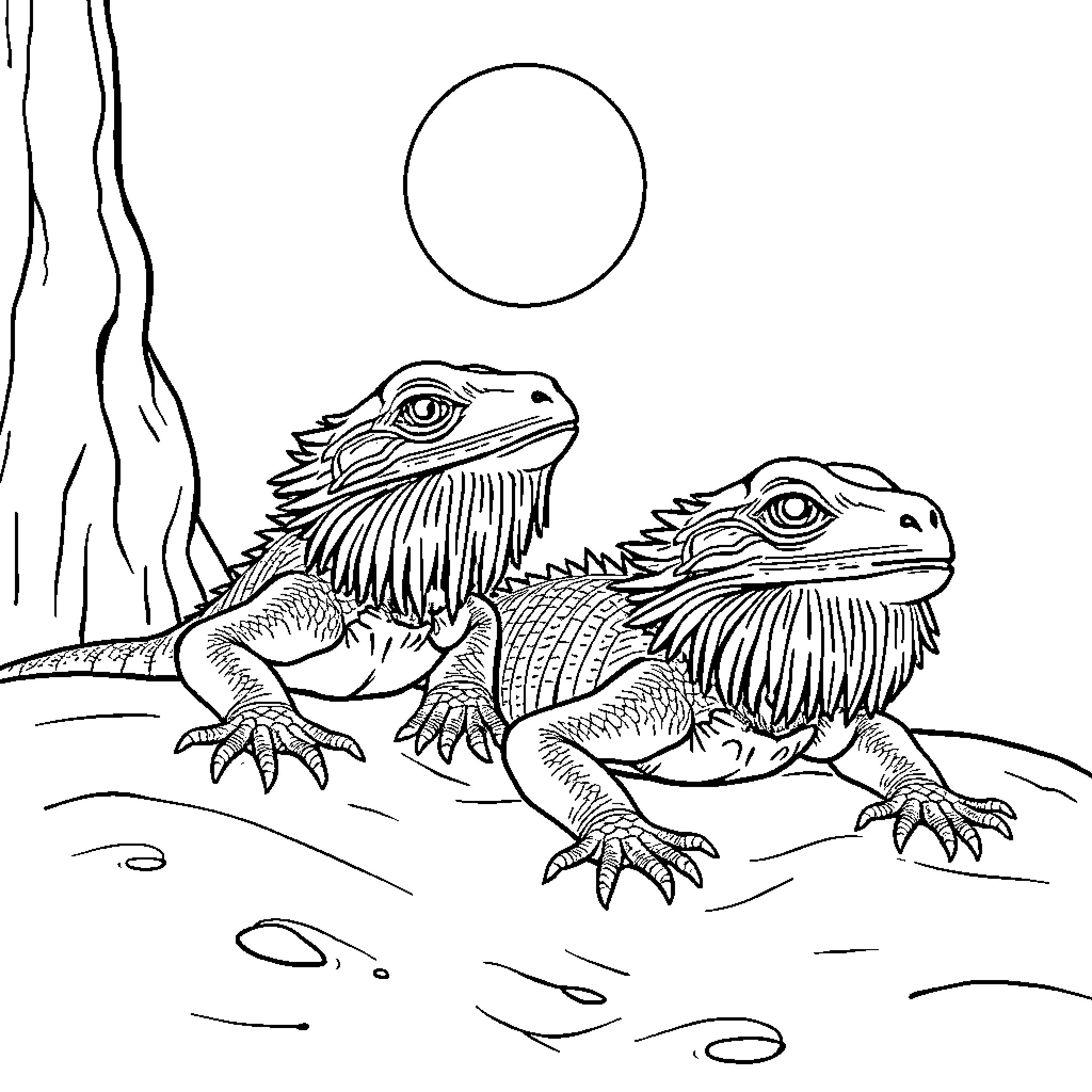 Bearded Dragons resting on rocky terrain Coloring Page (free black-and-white line drawing printable PDF for all, from beginners to advanced learners, including children, teens, adults, and seniors)