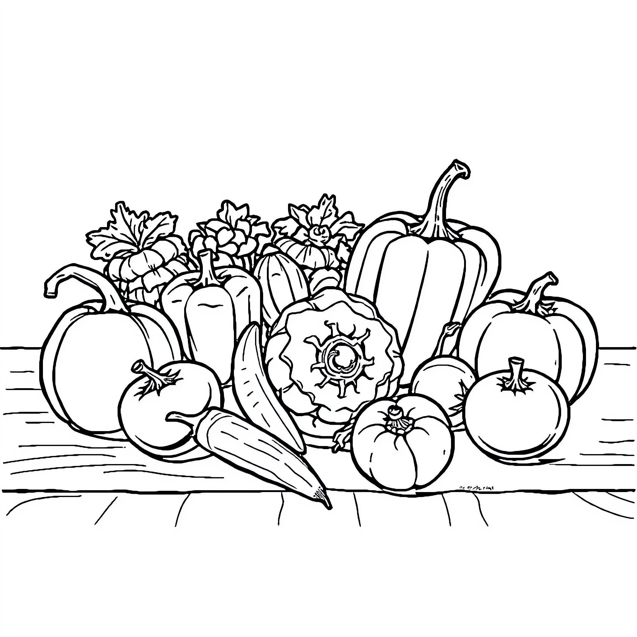 Vegetable garden with assorted produce Coloring Page (free black-and-white line drawing printable PDF for all, from beginners to advanced learners, including children, teens, adults, and seniors)