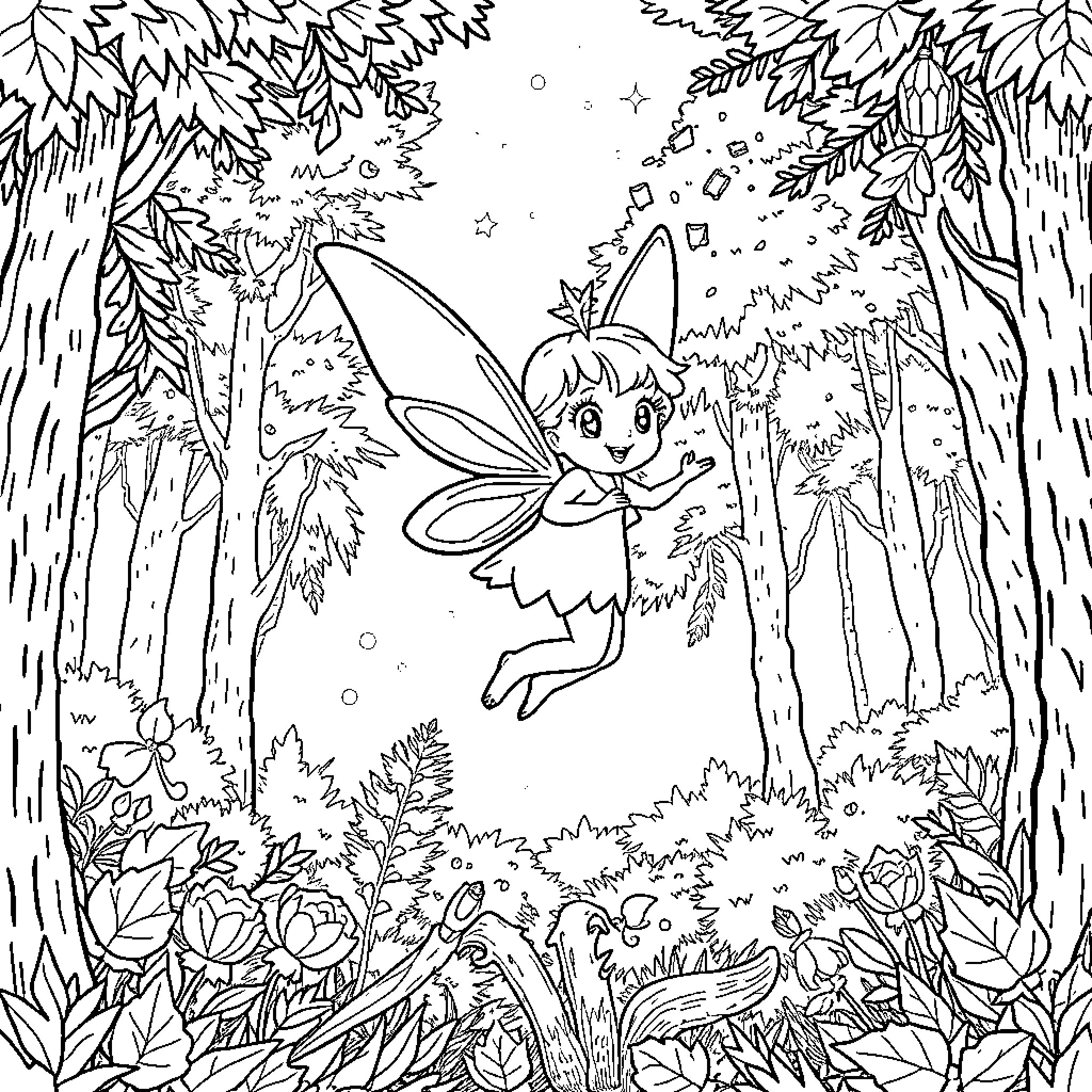 Tooth Fairy flying through magical forest Coloring Page (free black-and-white line drawing printable PDF for all, from beginners to advanced learners, including children, teens, adults, and seniors)