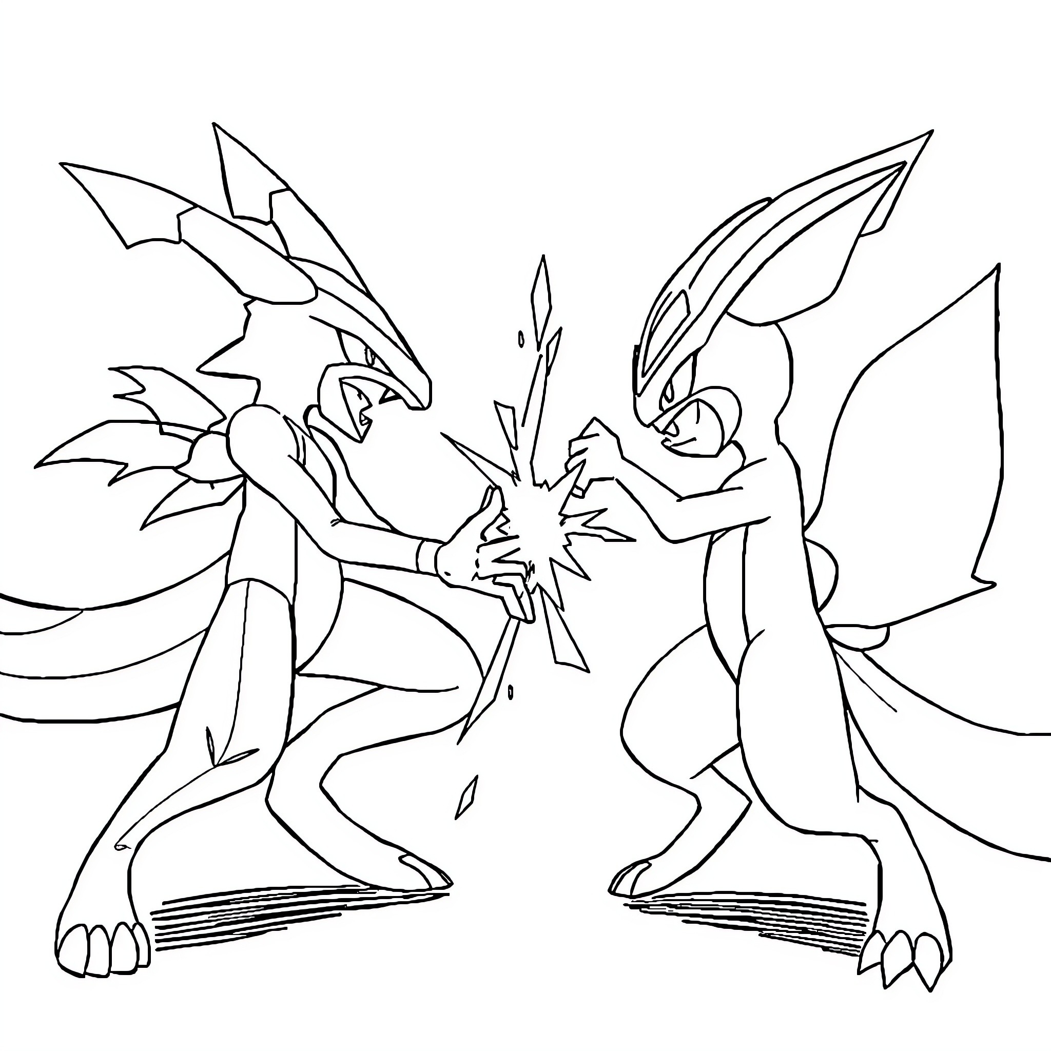 Greninja in an intense battle Coloring Page (free black-and-white line drawing printable PDF for all, from beginners to advanced learners, including children, teens, adults, and seniors)