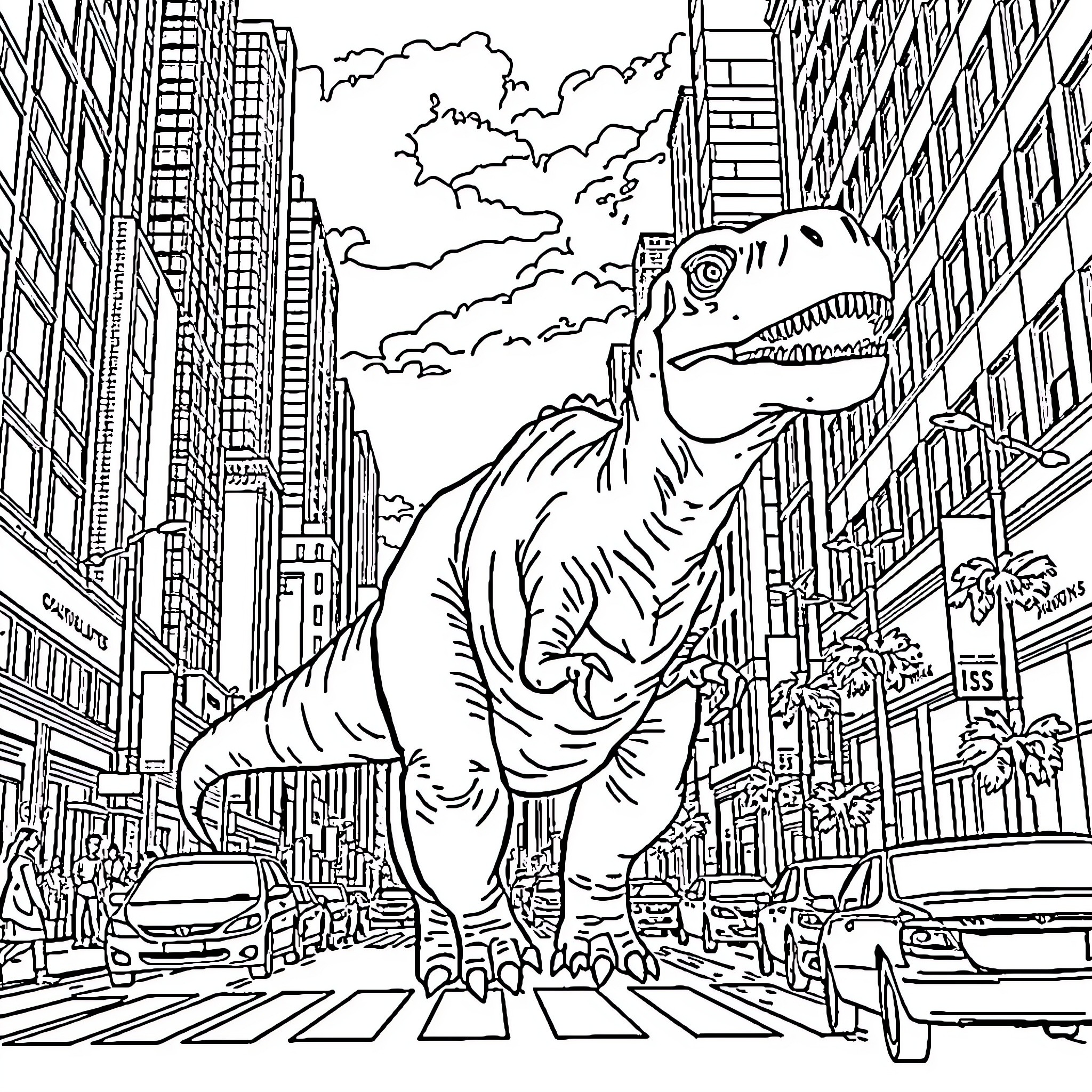 Dino roaming through busy city streets Coloring Page (free black-and-white line drawing printable PDF for all, from beginners to advanced learners, including children, teens, adults, and seniors)