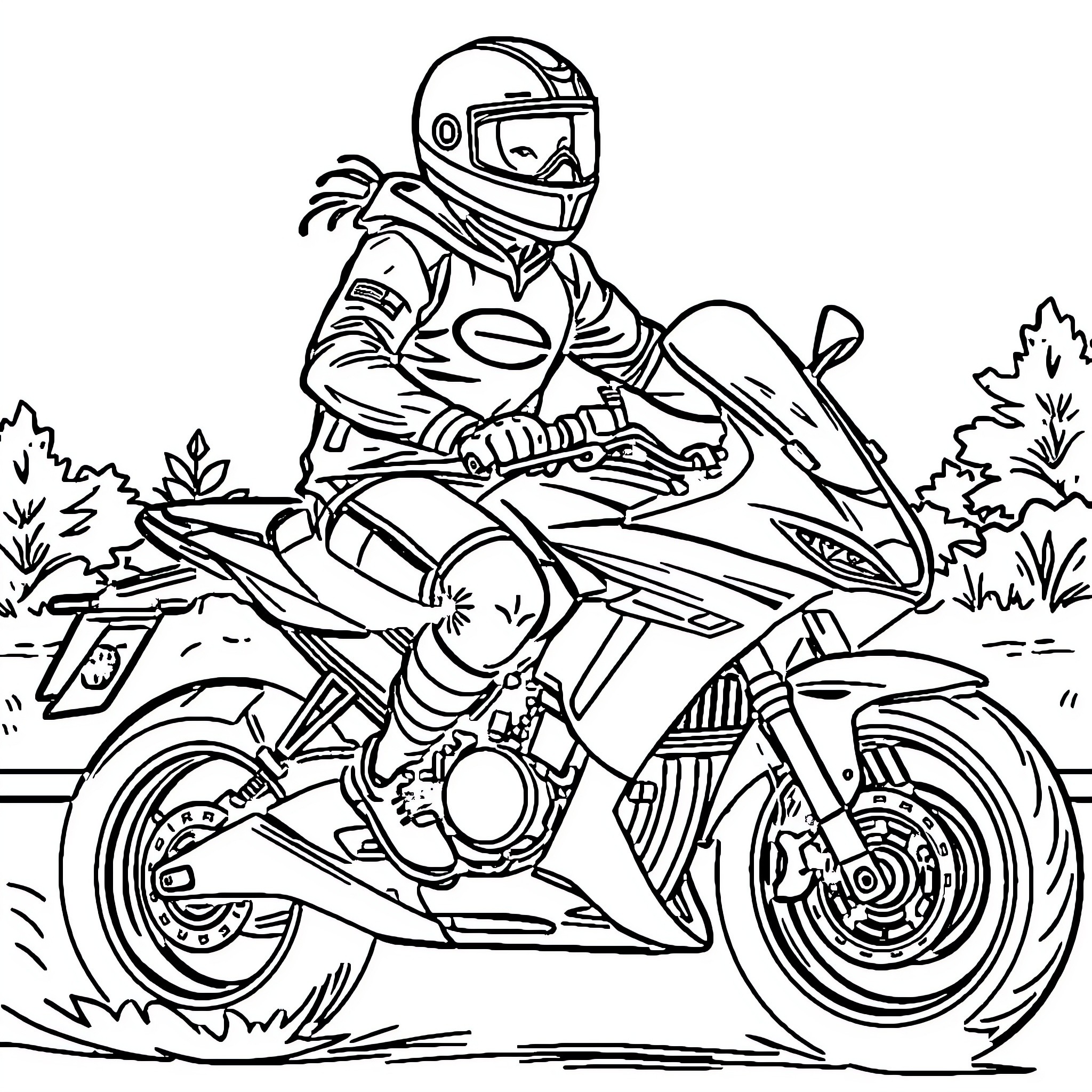 Futbolista racing on motorcycle through outdoor scene Coloring Page (free black-and-white line drawing printable PDF for all, from beginners to advanced learners, including children, teens, adults, and seniors)