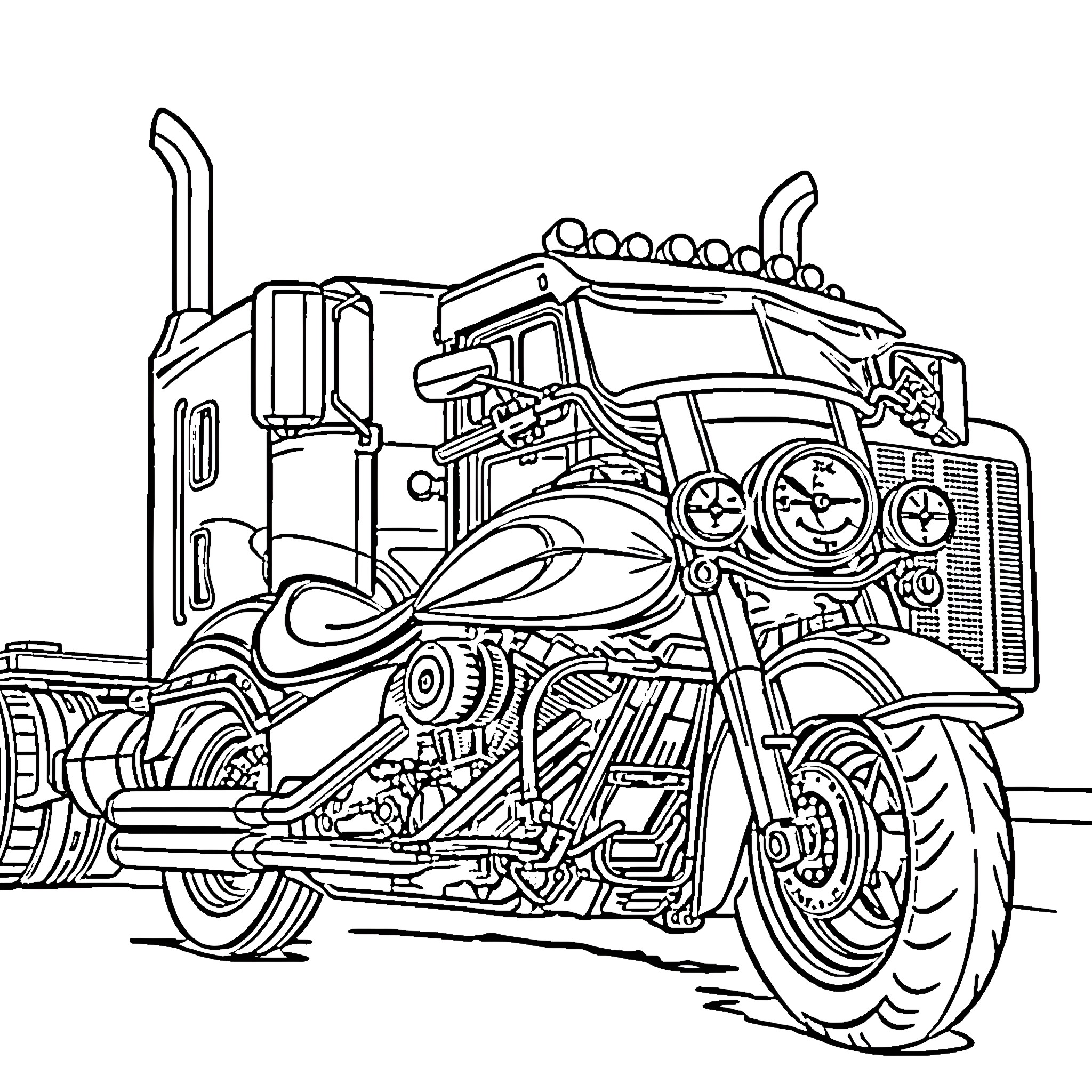 Truck with Customized Accessories on Road Coloring Page (free black-and-white line drawing printable PDF for all, from beginners to advanced learners, including children, teens, adults, and seniors)