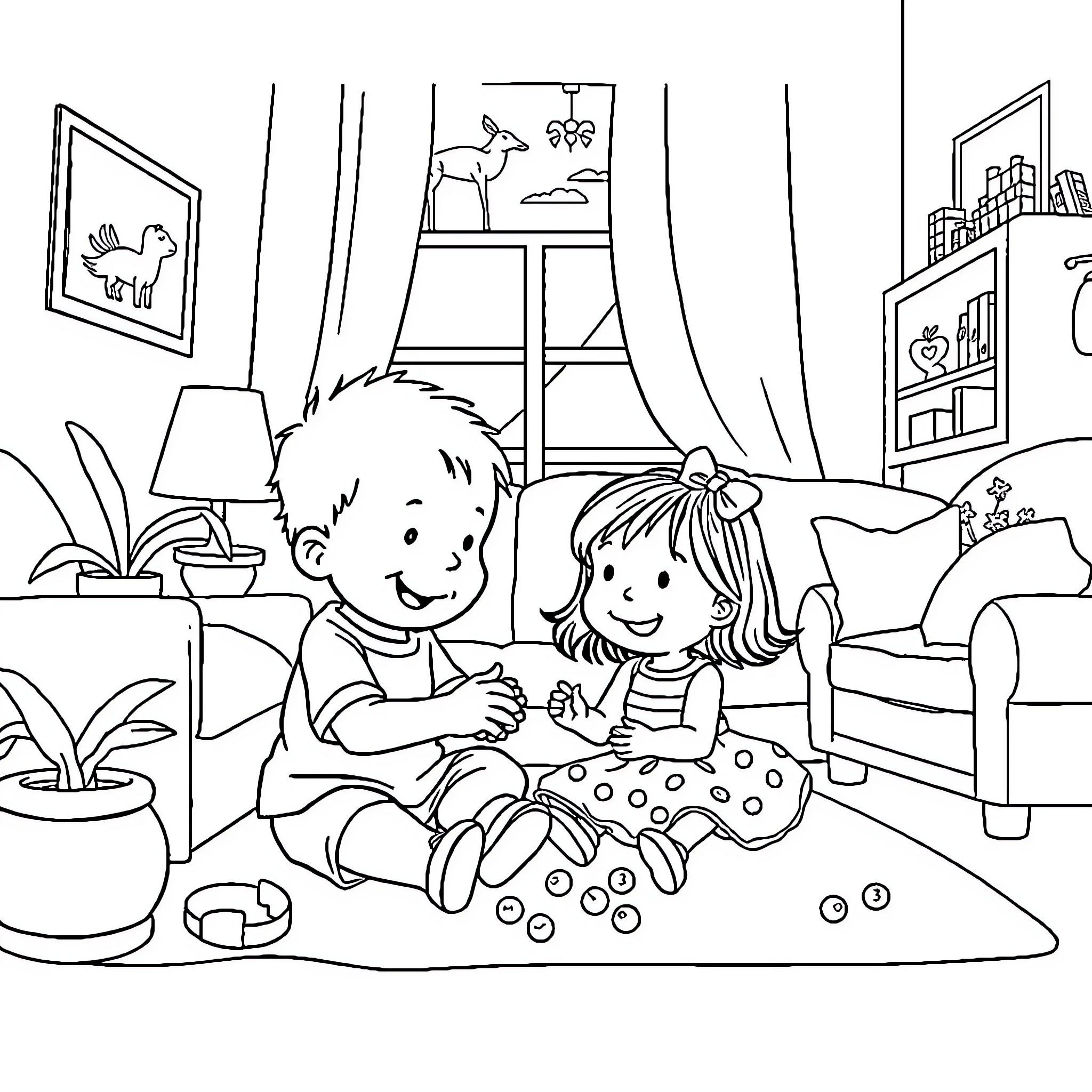 Caillou and sister playing on the floor in the living room Coloring Page (free black-and-white line drawing printable PDF for all, from beginners to advanced learners, including children, teens, adults, and seniors)