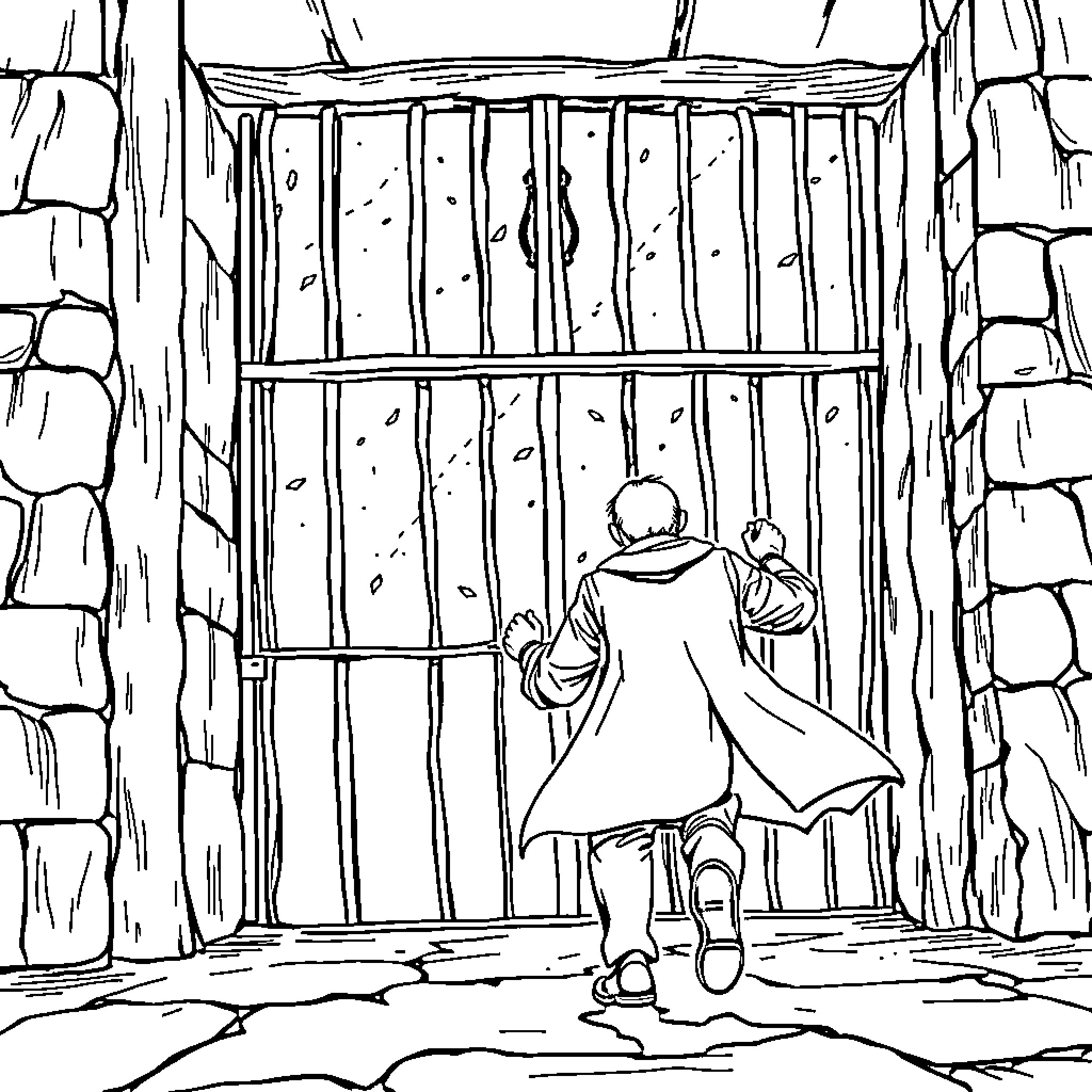 Papa's Escape from the Jail Cell Coloring Page (free black-and-white line drawing printable PDF for all, from beginners to advanced learners, including children, teens, adults, and seniors)