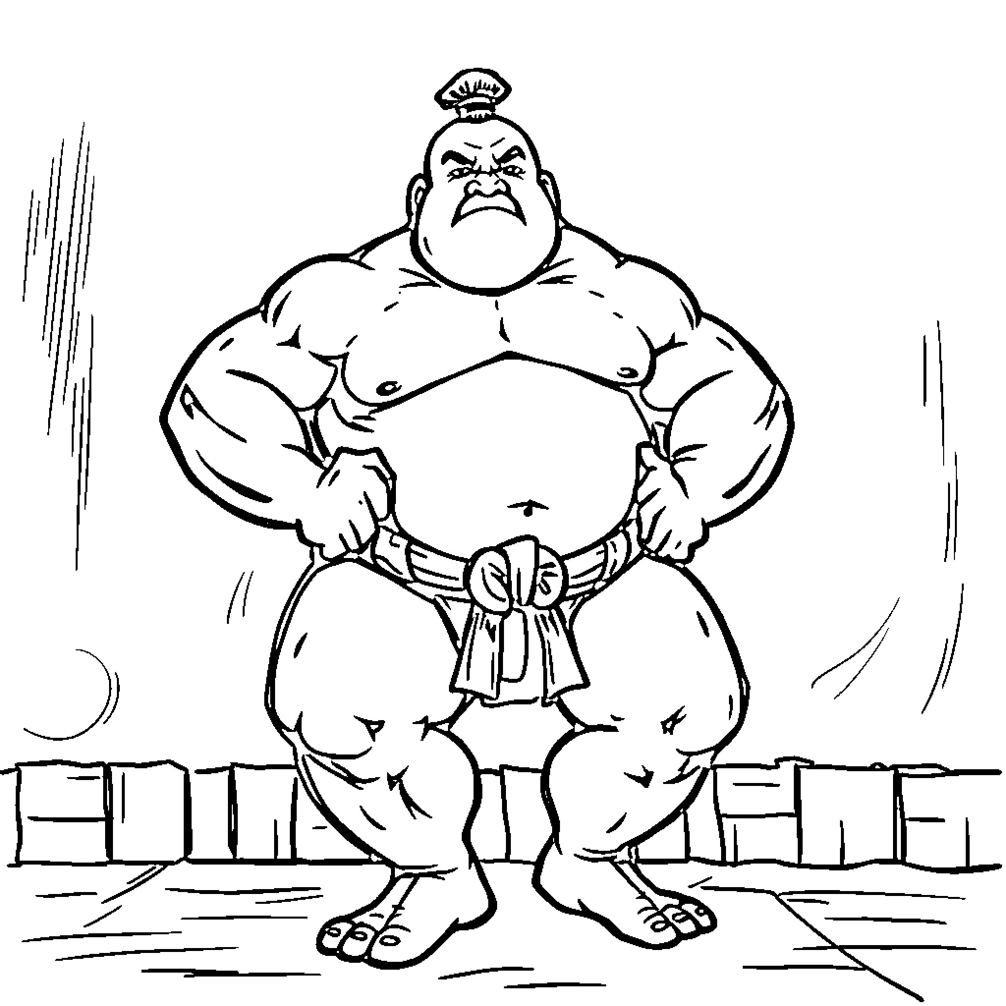 Clarence Whit Sumo wrestler's intense stare and muscular build Coloring Page (free black-and-white line drawing printable PDF for all, from beginners to advanced learners, including children, teens, adults, and seniors)