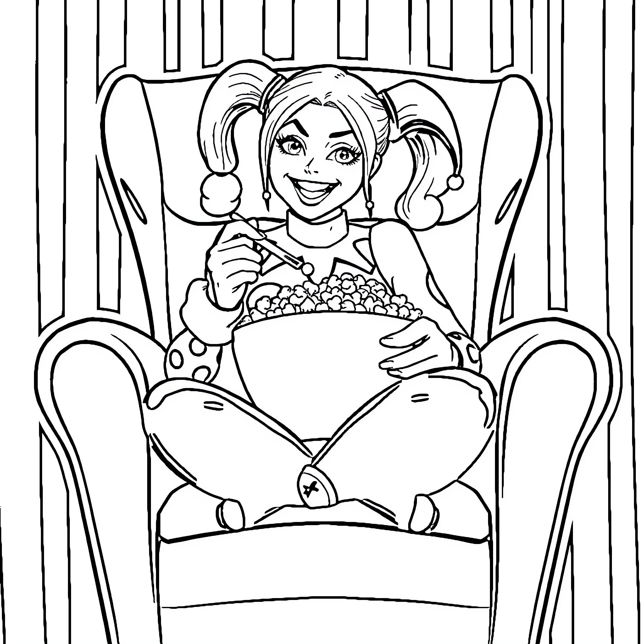 Harley Quinn enjoying a snack in a chair Coloring Page (free black-and-white line drawing printable PDF for all, from beginners to advanced learners, including children, teens, adults, and seniors)