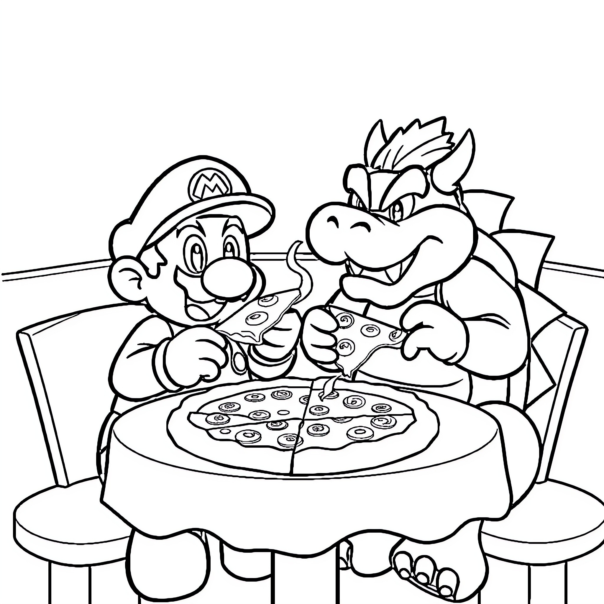 Mario and Bowser enjoying pizza together Coloring Page (free black-and-white line drawing printable PDF for all, from beginners to advanced learners, including children, teens, adults, and seniors)
