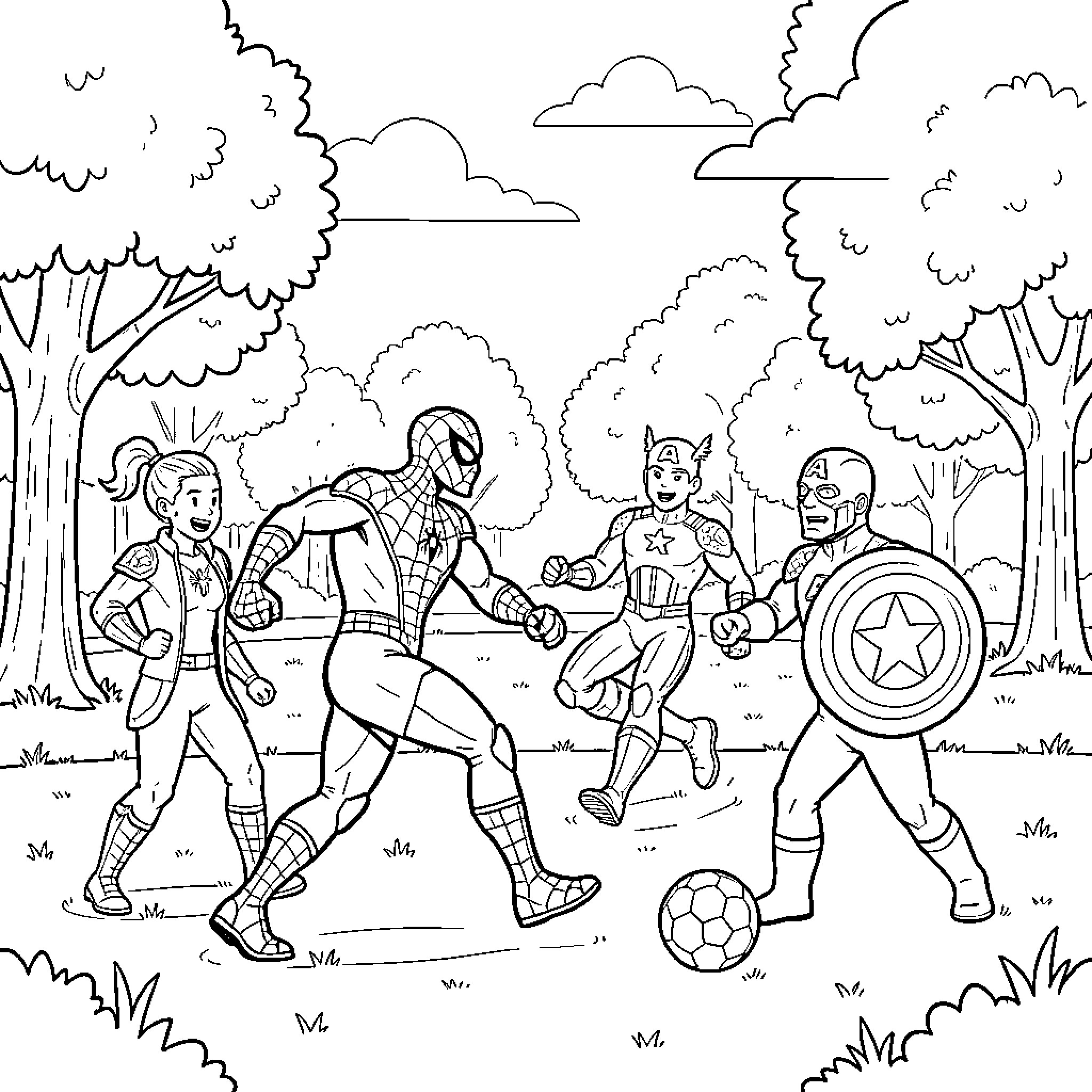 Spiderman and Superheroes Playing Sports in Nature Coloring Page (free black-and-white line drawing printable PDF for all, from beginners to advanced learners, including children, teens, adults, and seniors)