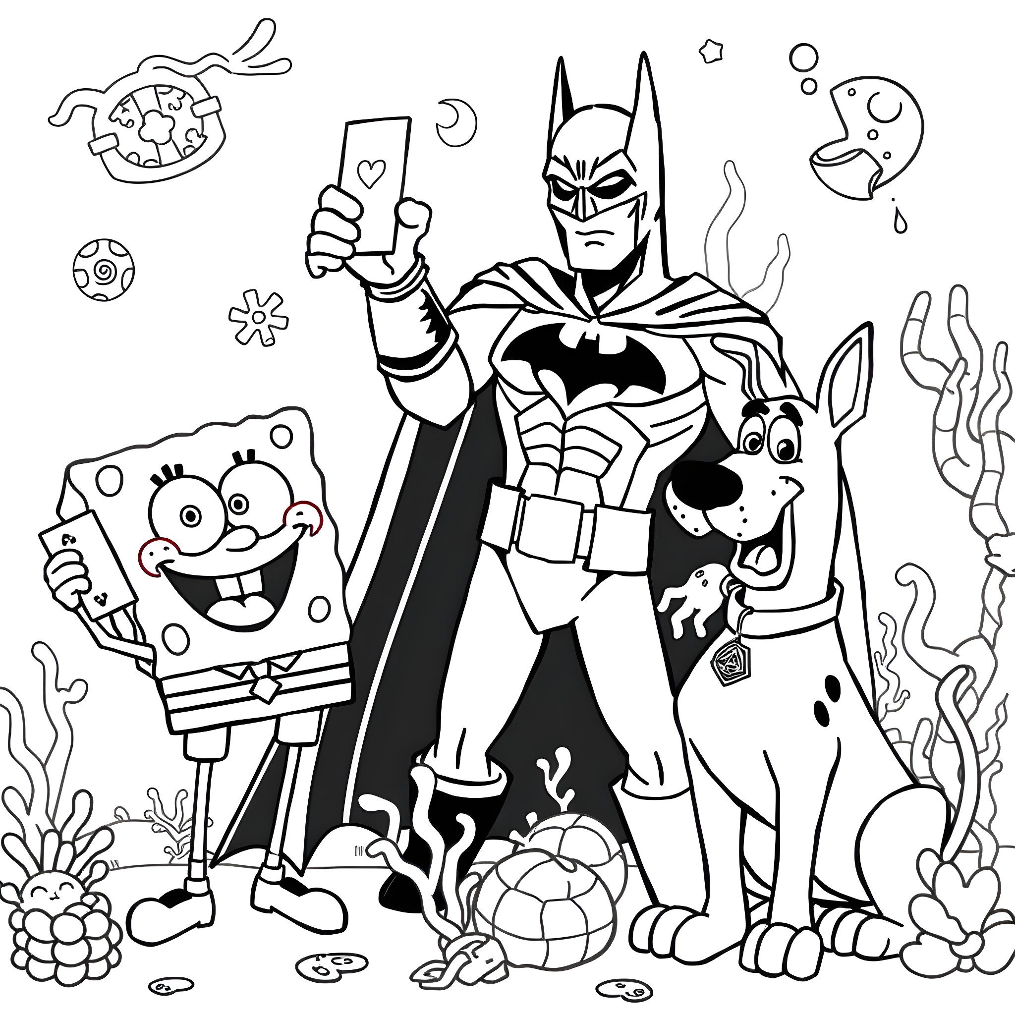 Spongebob, Batman, and Scooby-Doo in a whimsical adventure Coloring Page (free black-and-white line drawing printable PDF for all, from beginners to advanced learners, including children, teens, adults, and seniors)