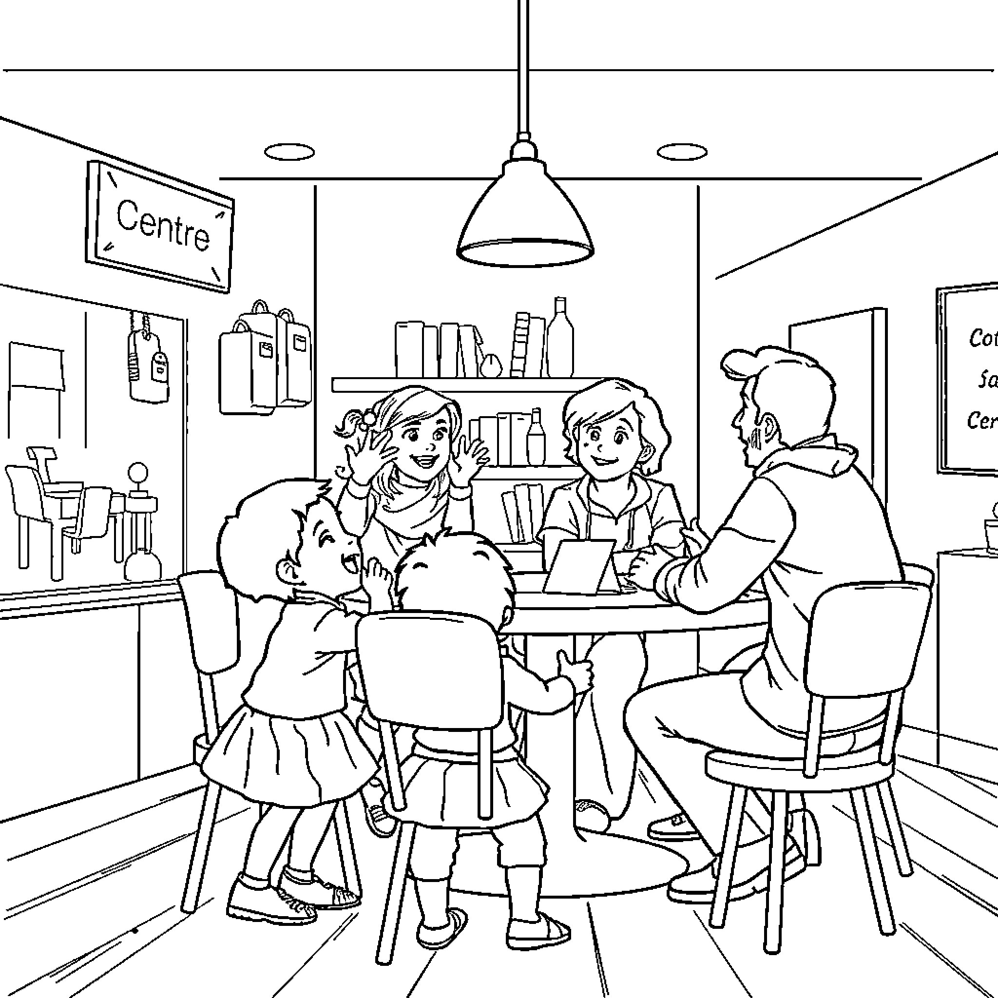Family Enjoying a Casual Gathering in a Coffee Shop Coloring Page (free black-and-white line drawing printable PDF for all, from beginners to advanced learners, including children, teens, adults, and seniors)