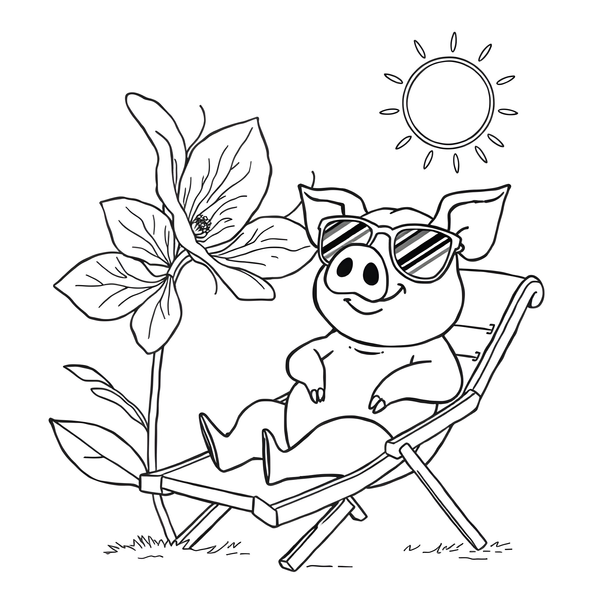 Flower with Pig in Lounge Chair Under the Sun Coloring Page (free black-and-white line drawing printable PDF for all, from beginners to advanced learners, including children, teens, adults, and seniors)