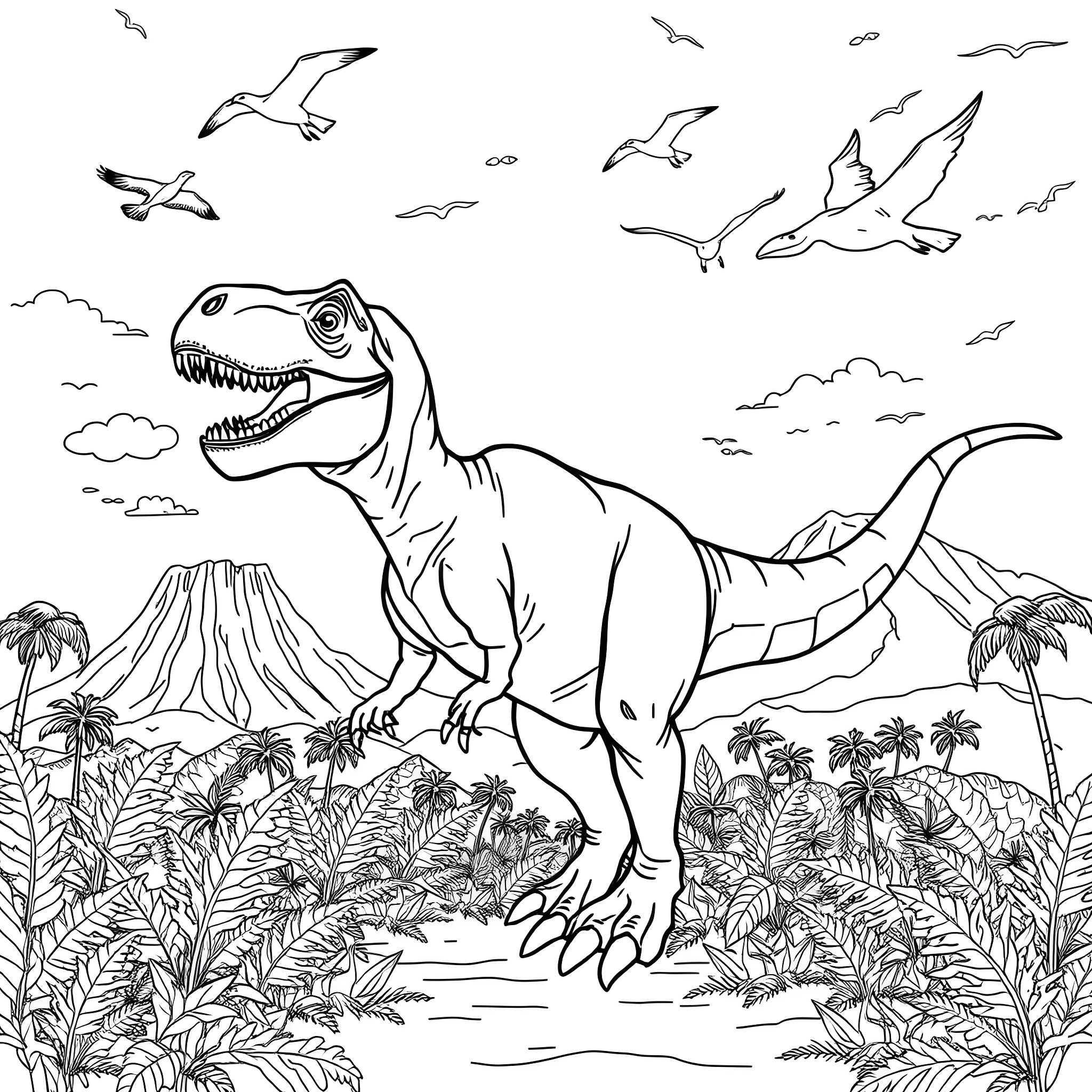 T-Rex roaring in prehistoric landscape Coloring Page (free black-and-white line drawing printable PDF for all, from beginners to advanced learners, including children, teens, adults, and seniors)
