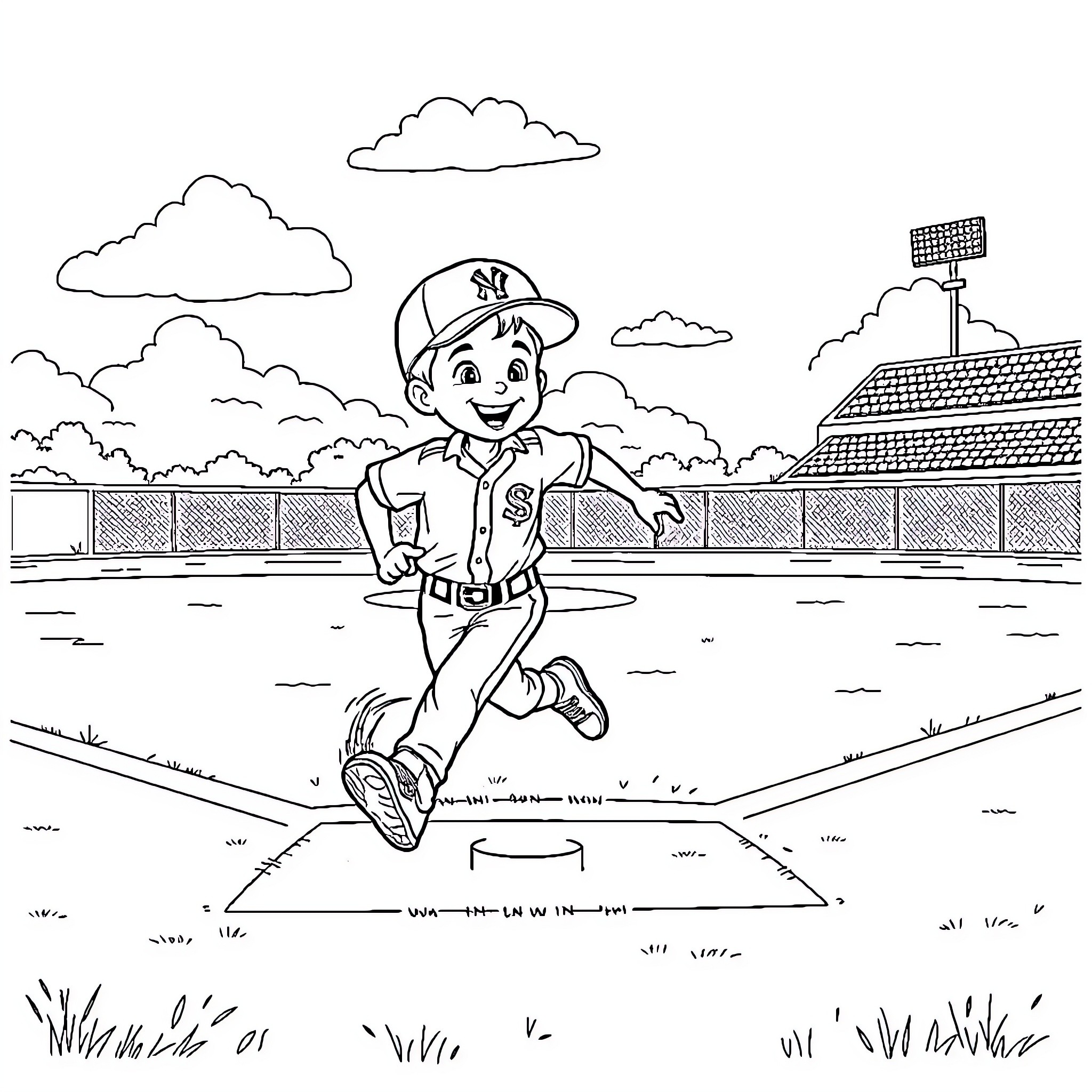 Boy Playing Baseball on Field Coloring Page (free black-and-white line drawing printable PDF for all, from beginners to advanced learners, including children, teens, adults, and seniors)