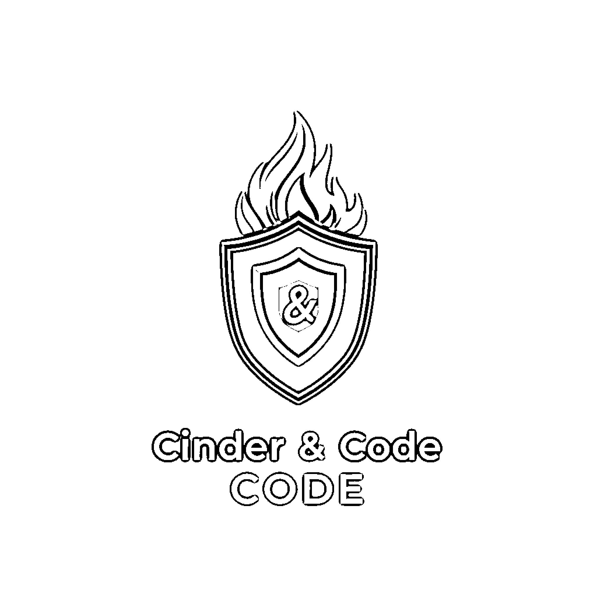 Logo for Cinder & Code CODE Coloring Page (free black-and-white line drawing printable PDF for all, from beginners to advanced learners, including children, teens, adults, and seniors)