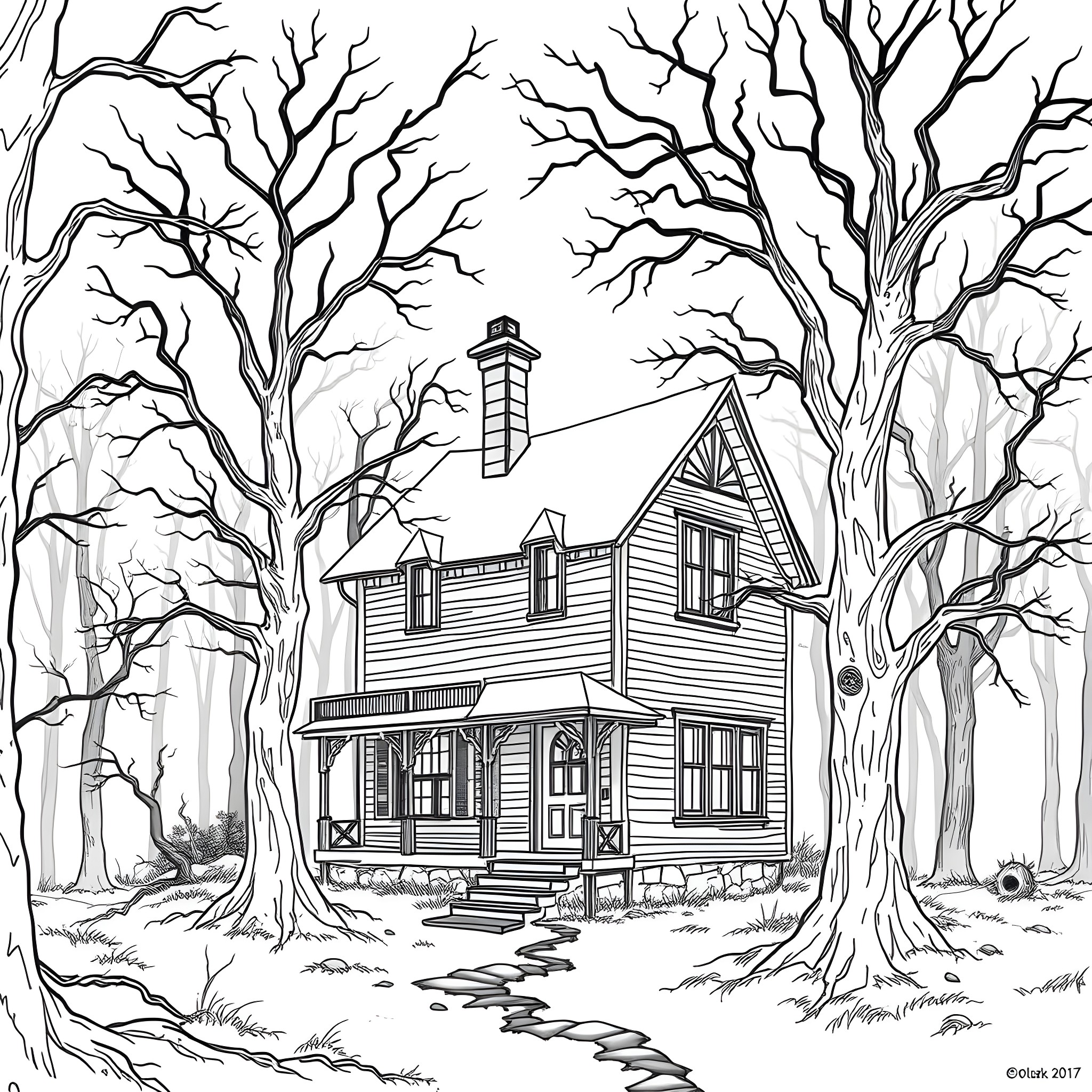 House in the Eerie Autumn Woods Coloring Page (free black-and-white line drawing printable PDF for all, from beginners to advanced learners, including children, teens, adults, and seniors)