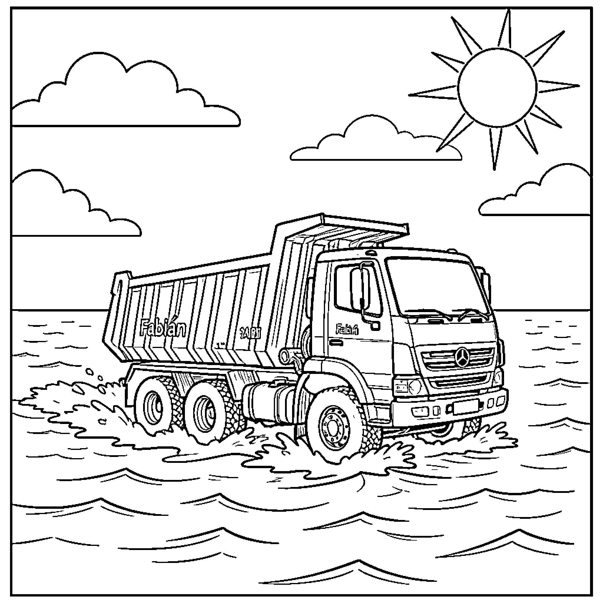 Camion transporting loads through coastal waters Coloring Page (free black-and-white line drawing printable PDF for all, from beginners to advanced learners, including children, teens, adults, and seniors)