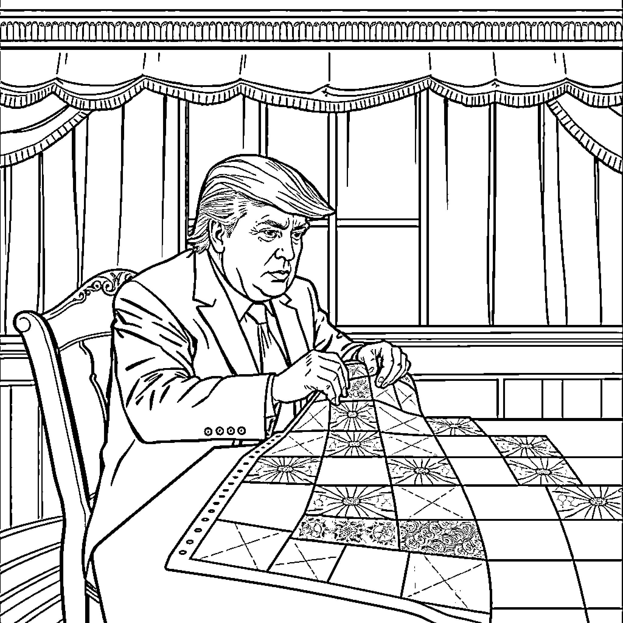 Trump signing official documents in the Oval Office Coloring Page (free black-and-white line drawing printable PDF for all, from beginners to advanced learners, including children, teens, adults, and seniors)