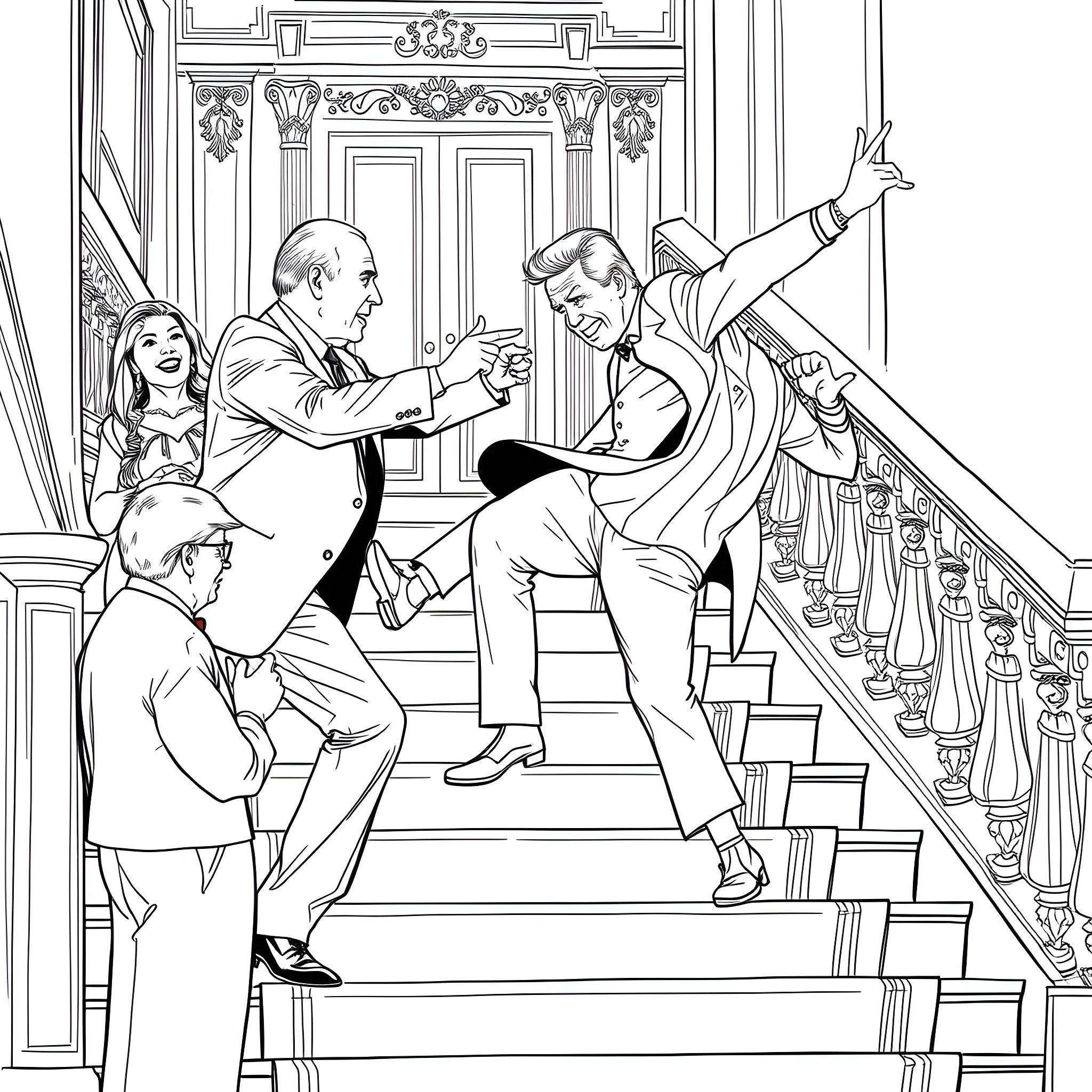 Biden Triumphantly Ascending Staircase with Assistance Coloring Page (free black-and-white line drawing printable PDF for all, from beginners to advanced learners, including children, teens, adults, and seniors)