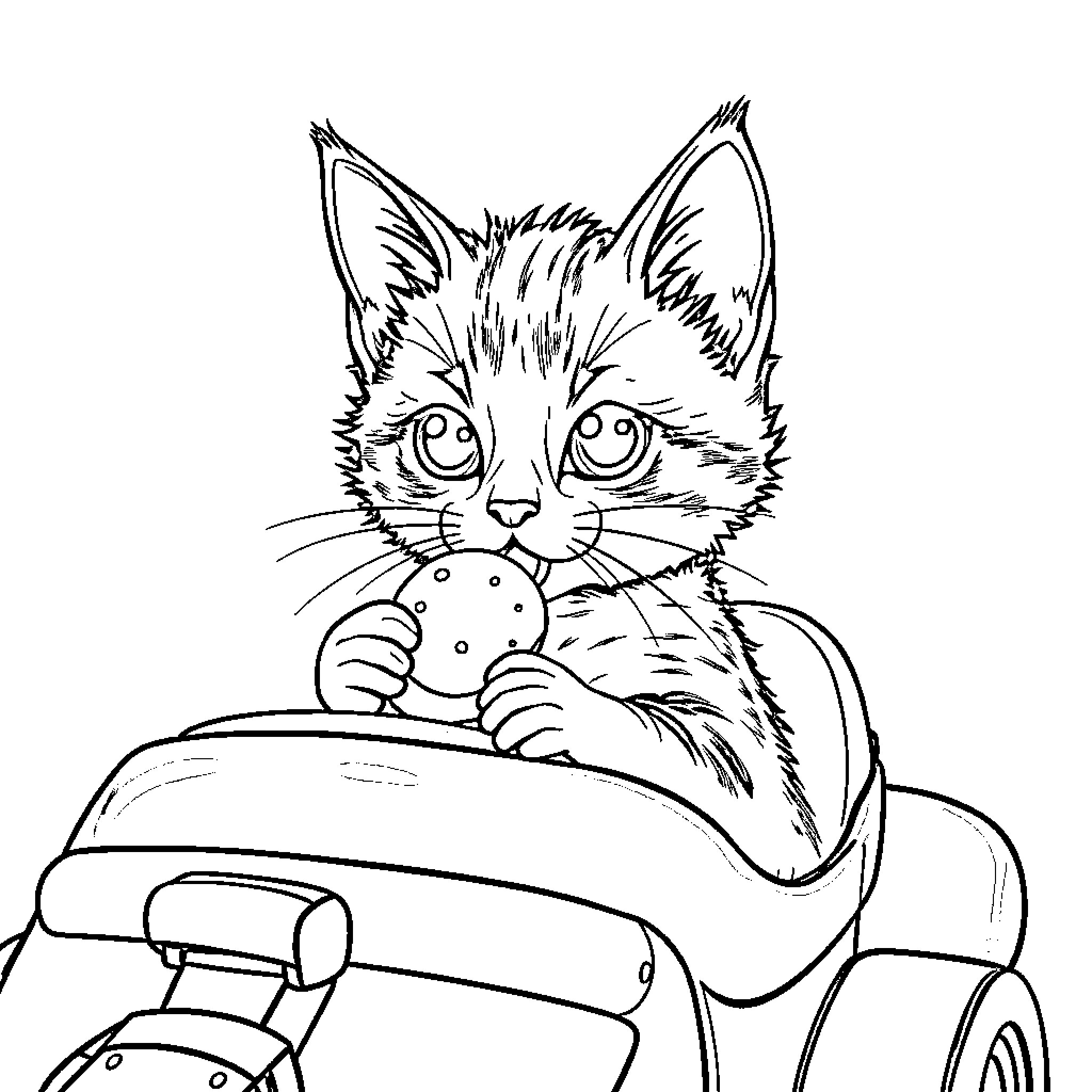 Kitten sitting in a wheelchair Coloring Page (free black-and-white line drawing printable PDF for all, from beginners to advanced learners, including children, teens, adults, and seniors)