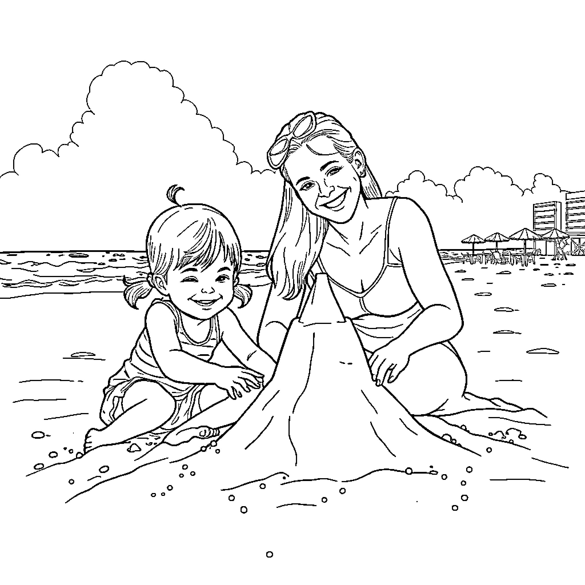 Family enjoying a day at the beach Coloring Page (free black-and-white line drawing printable PDF for all, from beginners to advanced learners, including children, teens, adults, and seniors)