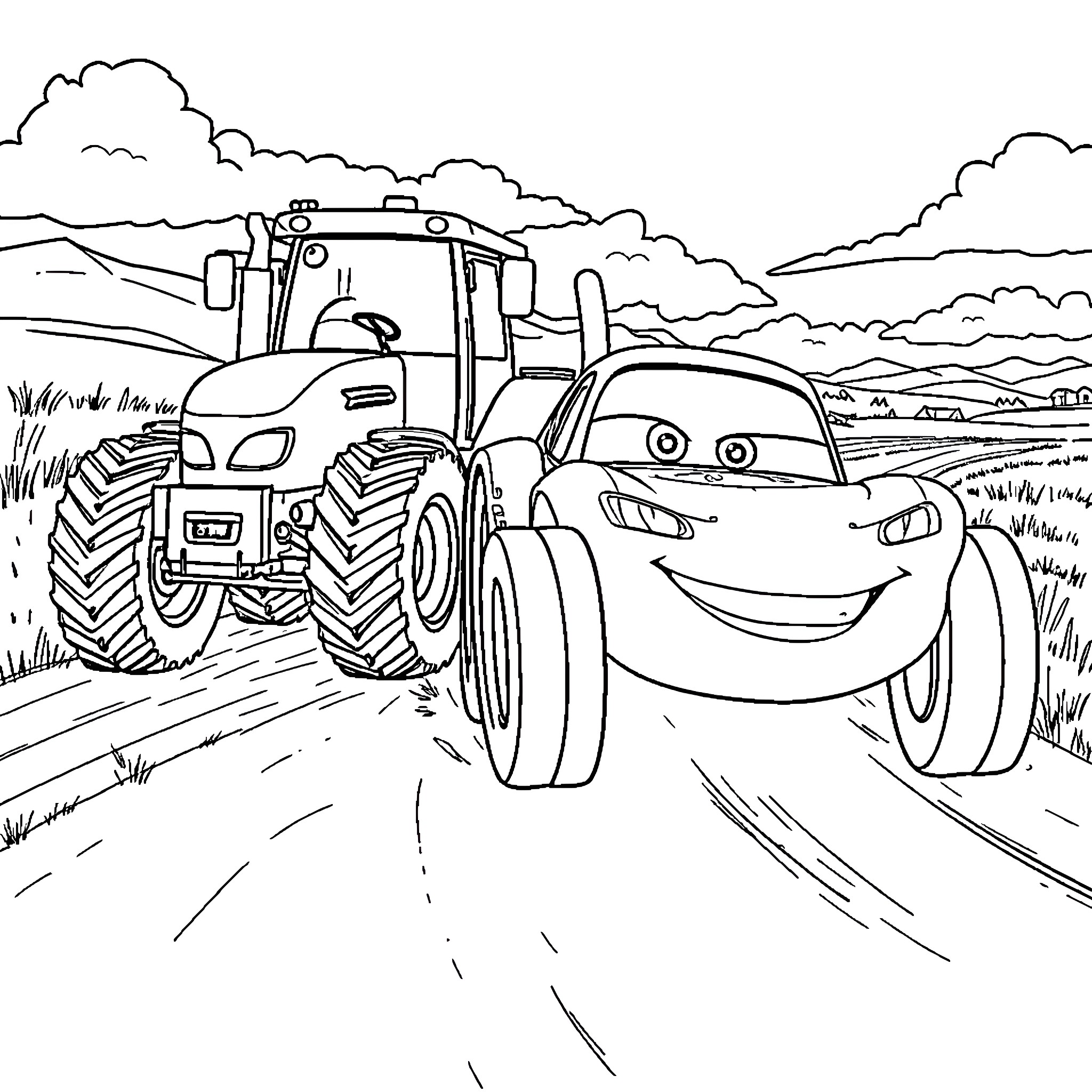 Lightning McQueen driving through the countryside Coloring Page (free black-and-white line drawing printable PDF for all, from beginners to advanced learners, including children, teens, adults, and seniors)