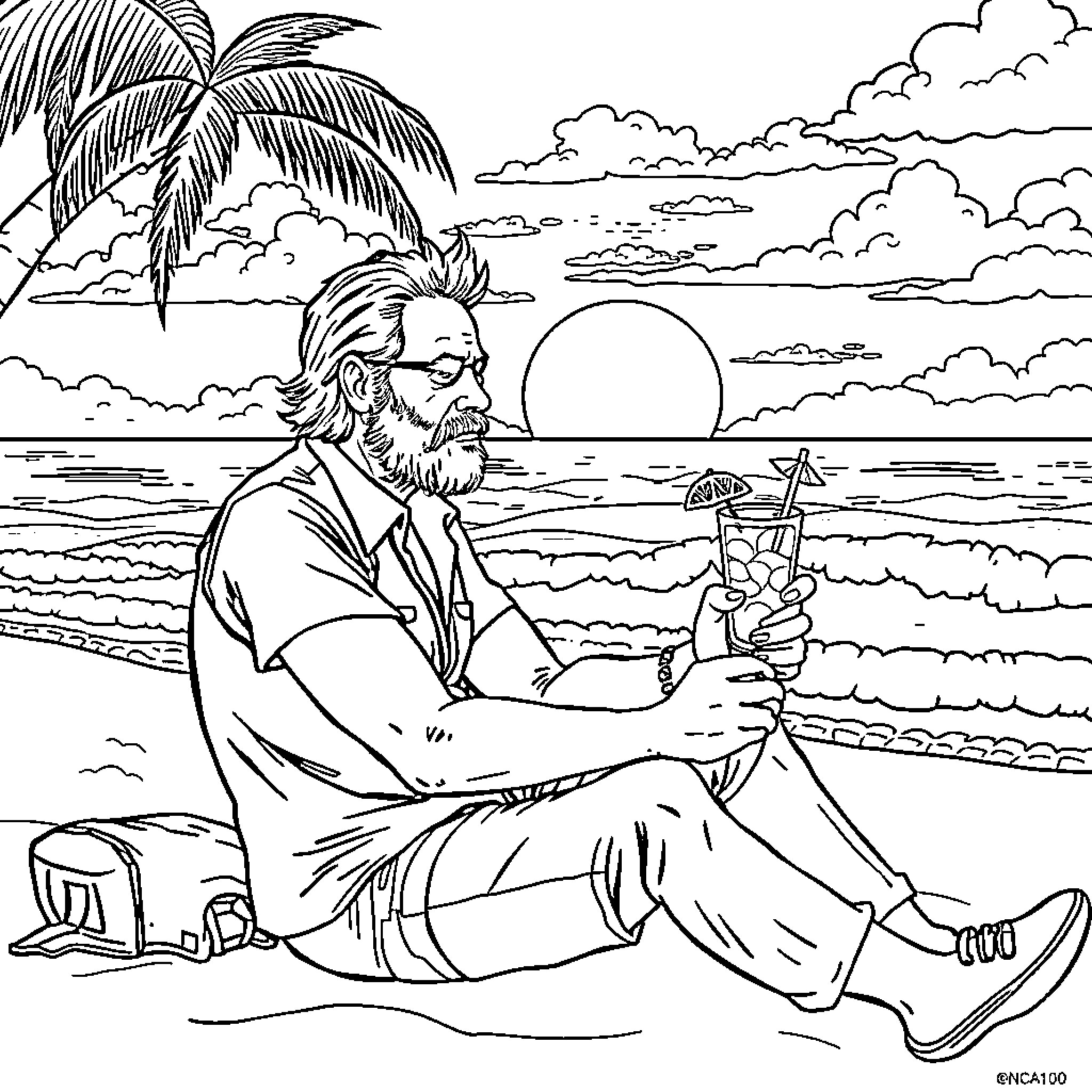 Rick Grimes relaxing on the beach with a beverage Coloring Page (free black-and-white line drawing printable PDF for all, from beginners to advanced learners, including children, teens, adults, and seniors)