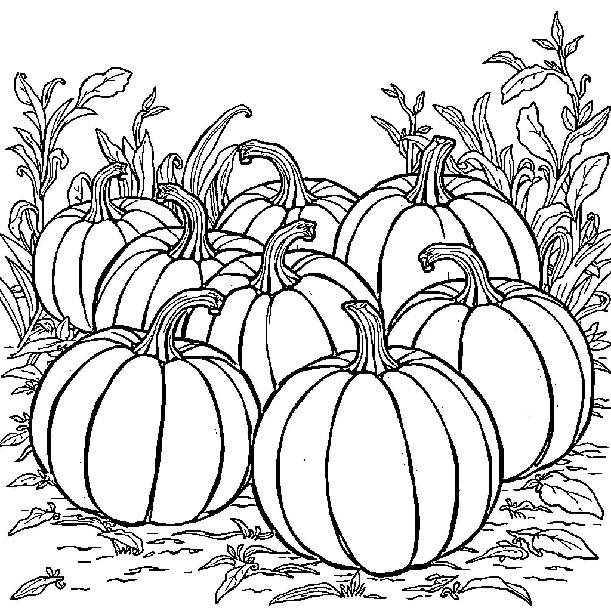 Pumpkin Patch with Flourishing Foliage Coloring Page (free black-and-white line drawing printable PDF for all, from beginners to advanced learners, including children, teens, adults, and seniors)