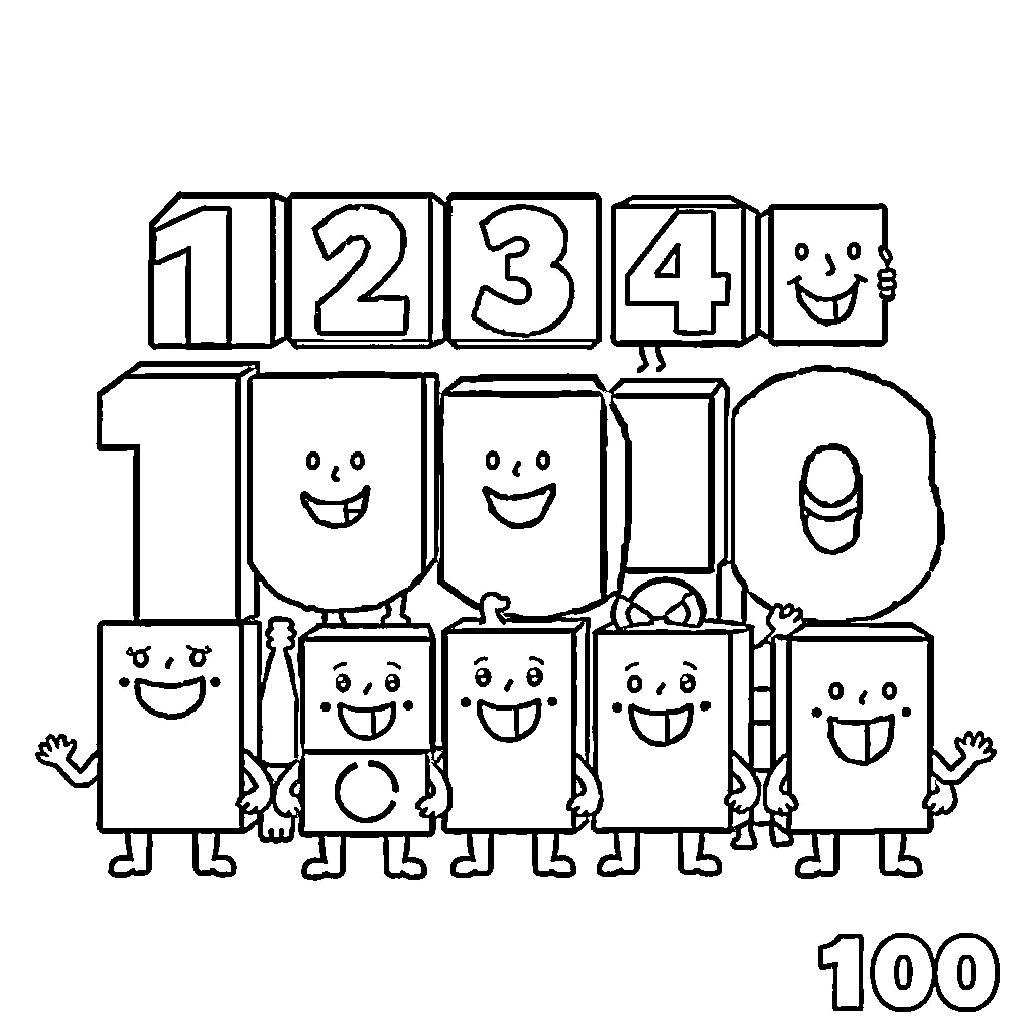 Numberblocks celebrating the number 100 together Coloring Page (free black-and-white line drawing printable PDF for all, from beginners to advanced learners, including children, teens, adults, and seniors)