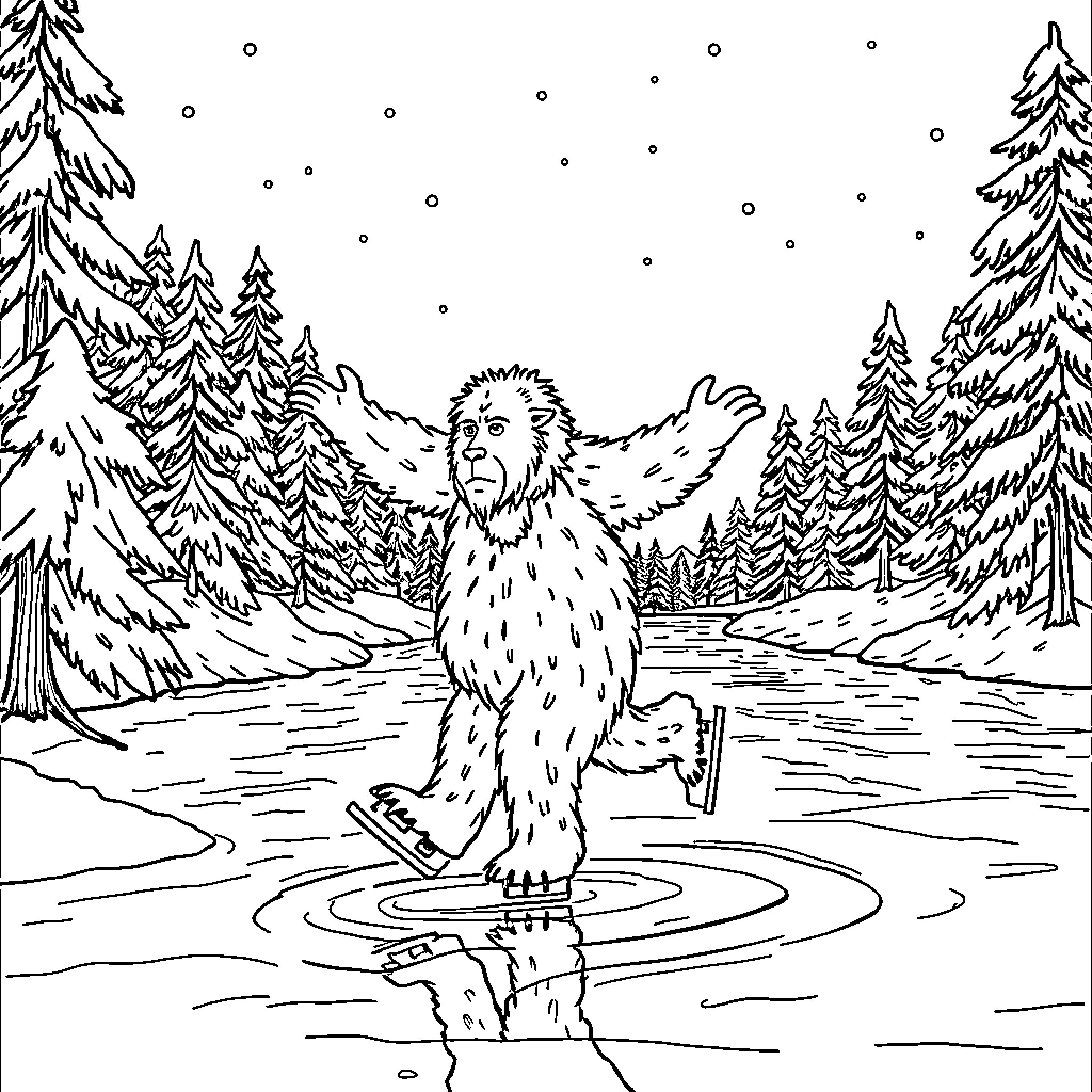 Yeti ice skating in the snowy forest Coloring Page (free black-and-white line drawing printable PDF for all, from beginners to advanced learners, including children, teens, adults, and seniors)