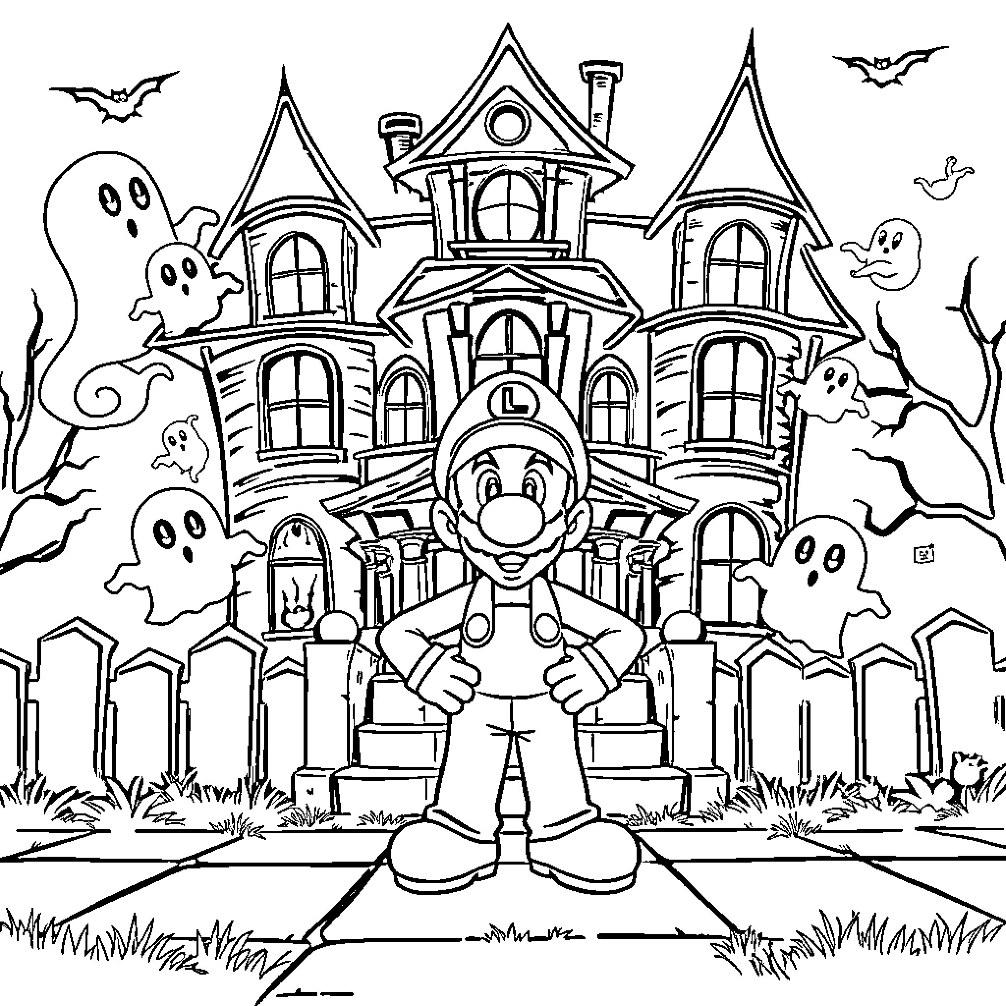 Luigi's Haunted Adventure at the Spooky Castle Coloring Page (free black-and-white line drawing printable PDF for all, from beginners to advanced learners, including children, teens, adults, and seniors)