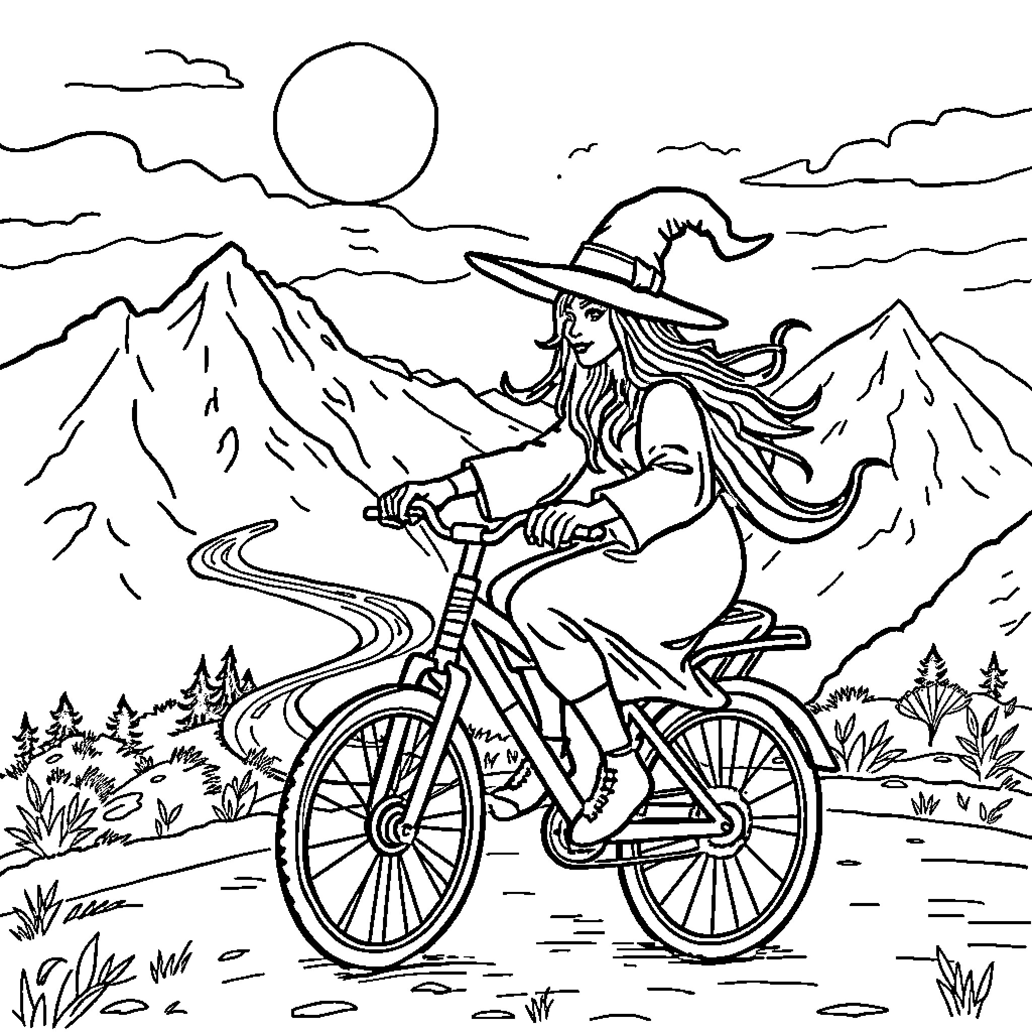 Witch riding a bicycle through the mountains Coloring Page (free black-and-white line drawing printable PDF for all, from beginners to advanced learners, including children, teens, adults, and seniors)