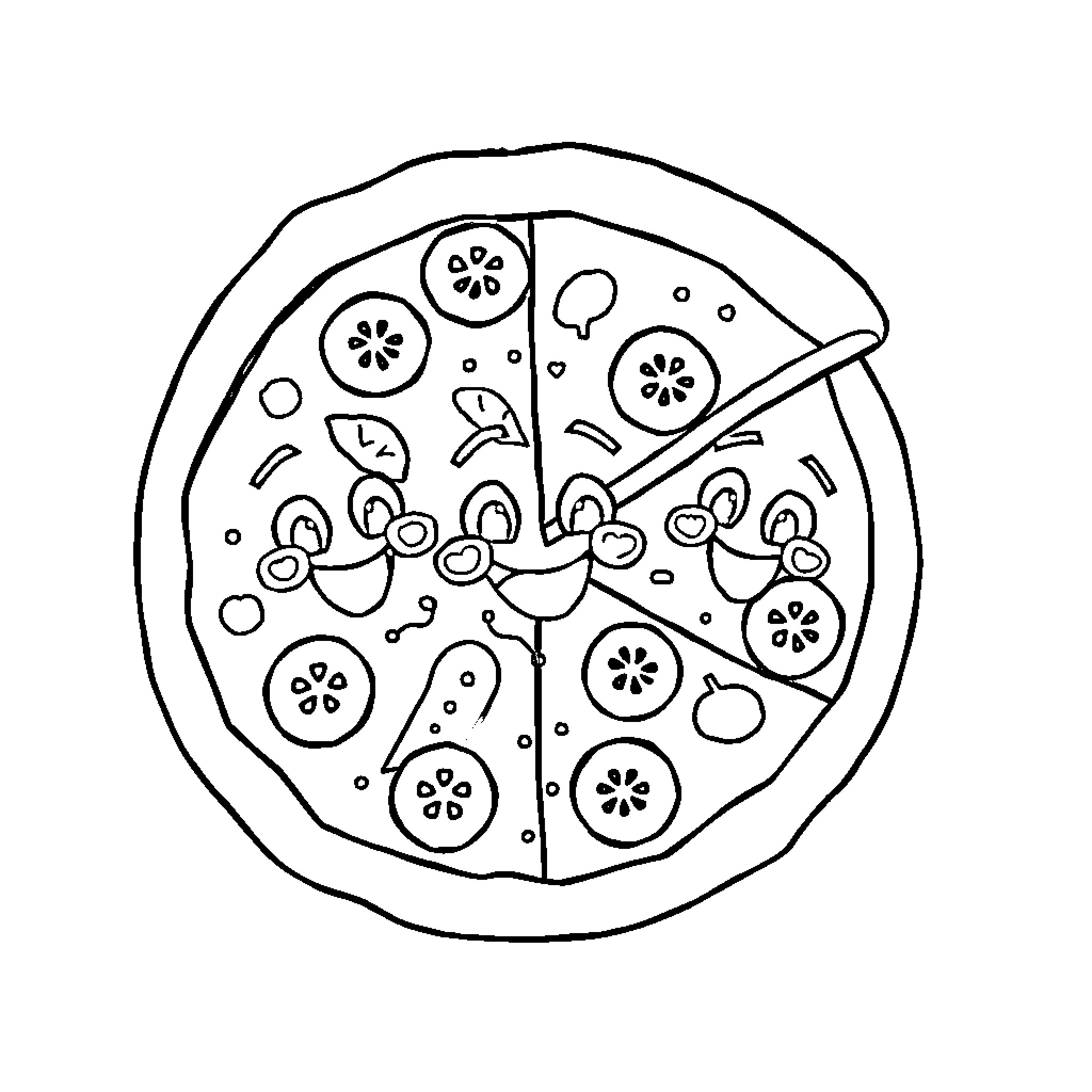 Pizza with Toppings Ready to Serve Coloring Page (free black-and-white line drawing printable PDF for all, from beginners to advanced learners, including children, teens, adults, and seniors)