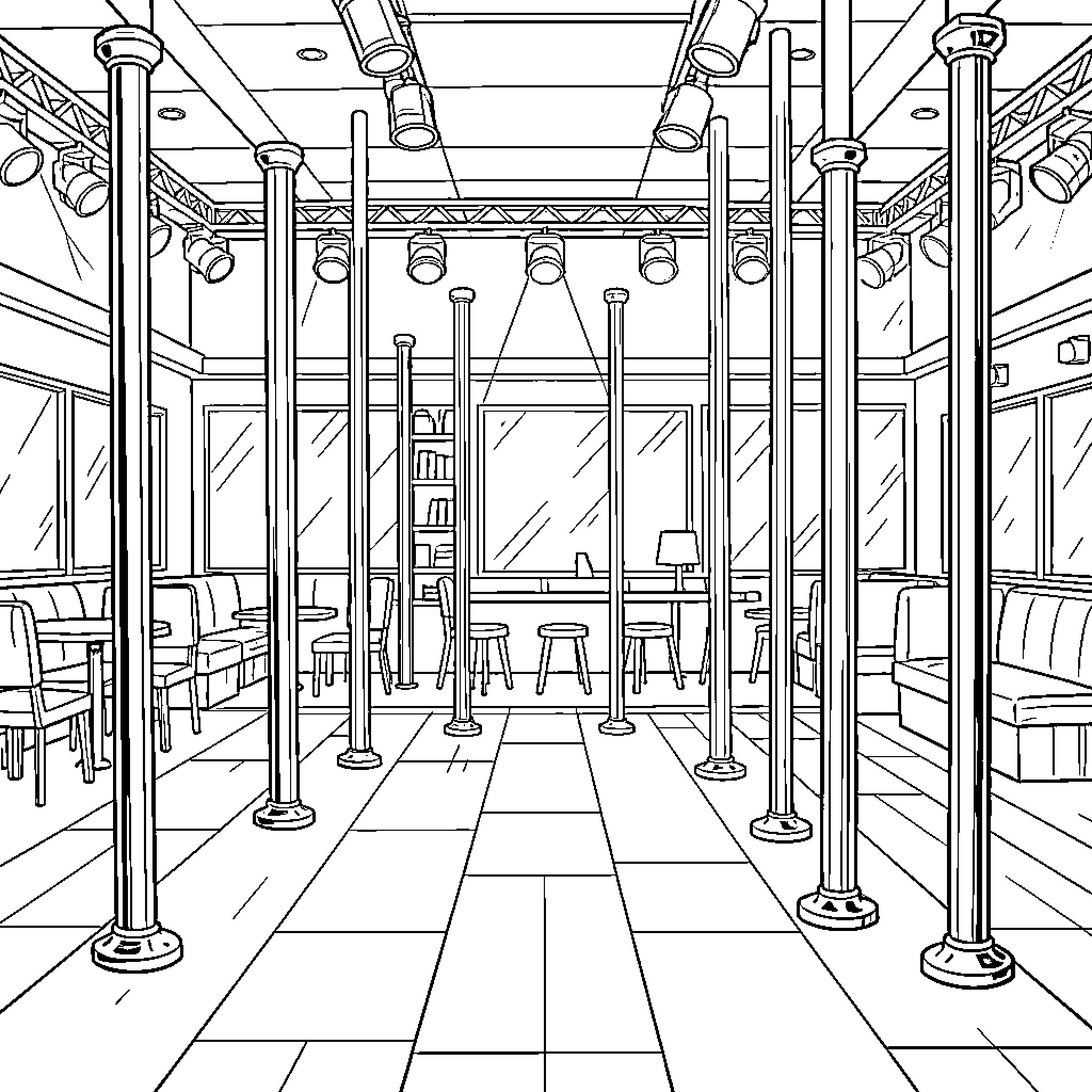 Club Workout Equipment in Fitness Center Coloring Page (free black-and-white line drawing printable PDF for all, from beginners to advanced learners, including children, teens, adults, and seniors)