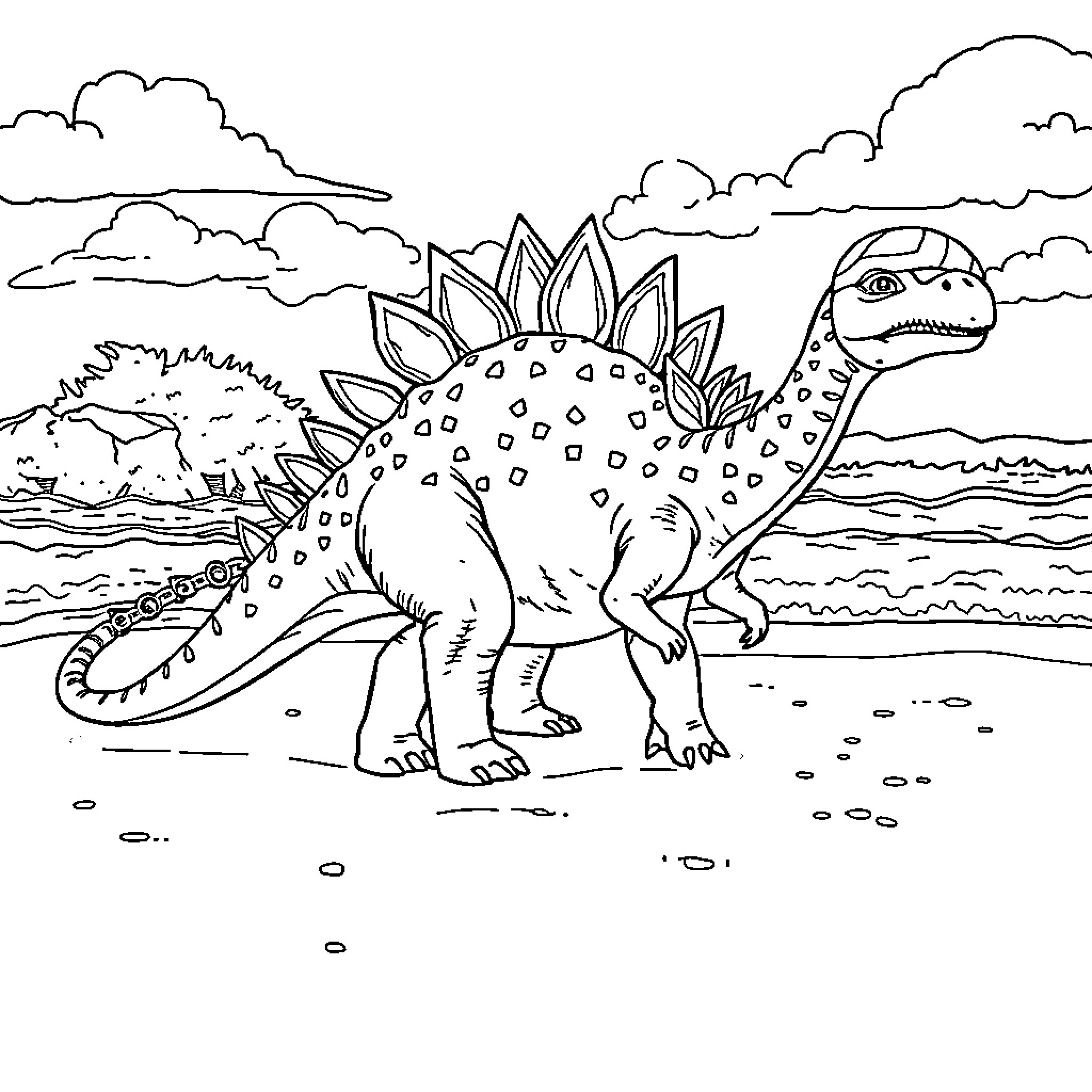 Stegosaurus strolling through prehistoric landscape Coloring Page (free black-and-white line drawing printable PDF for all, from beginners to advanced learners, including children, teens, adults, and seniors)